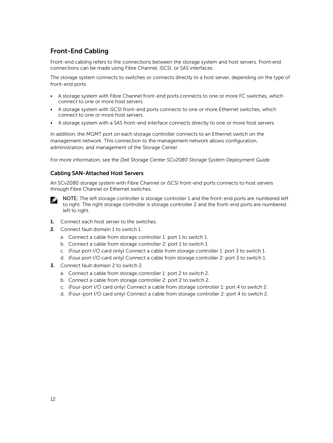 Dell SCv2080 manual Front-End Cabling, Cabling SAN-Attached Host Servers 