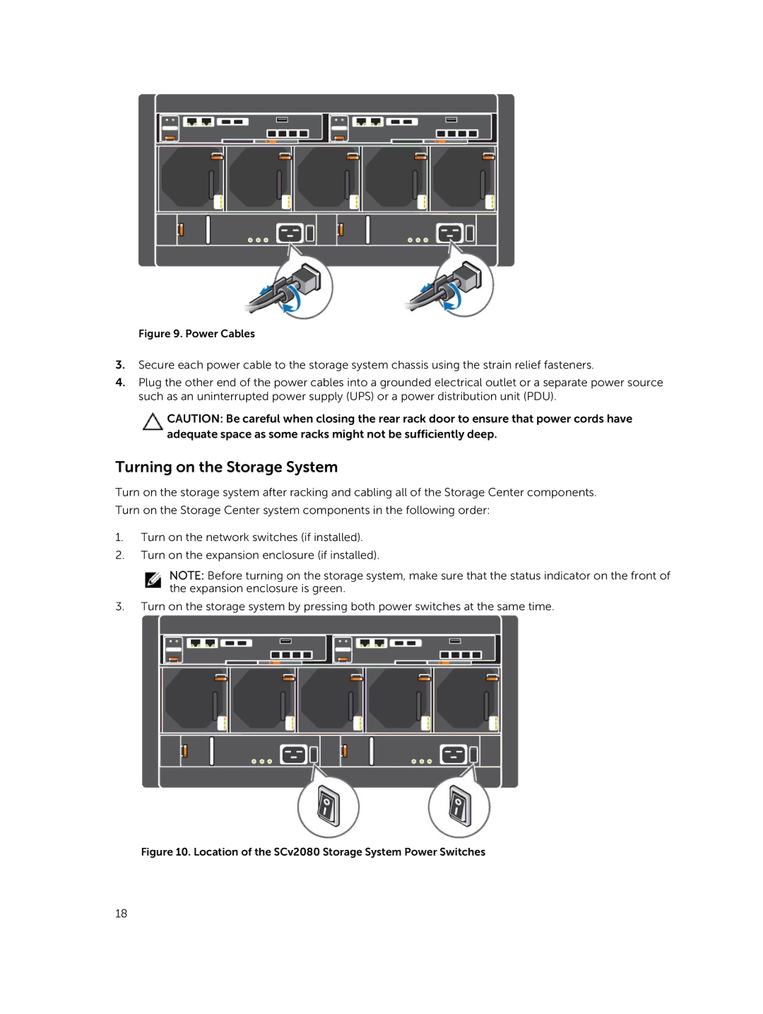 Dell SCv2080 manual Turning on the Storage System, Power Cables 