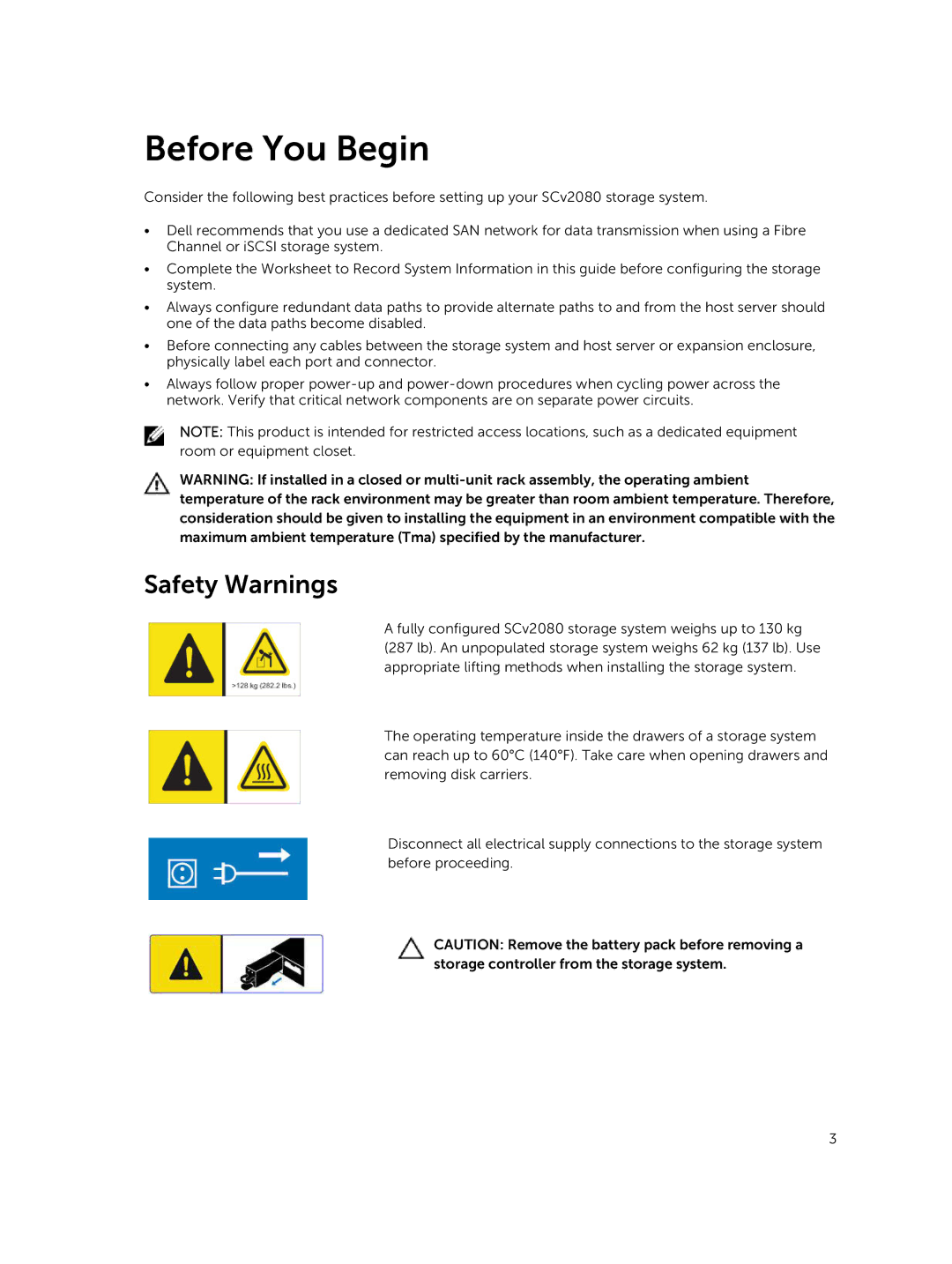 Dell SCv2080 manual Before You Begin, Safety Warnings 