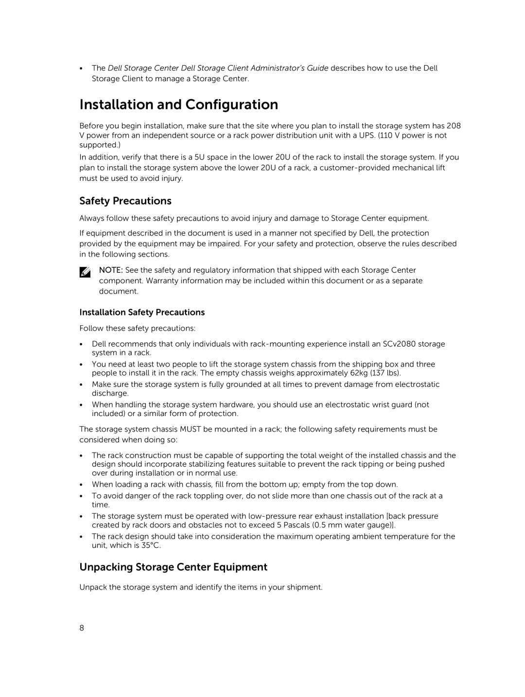 Dell SCv2080 manual Installation and Configuration, Safety Precautions, Unpacking Storage Center Equipment 