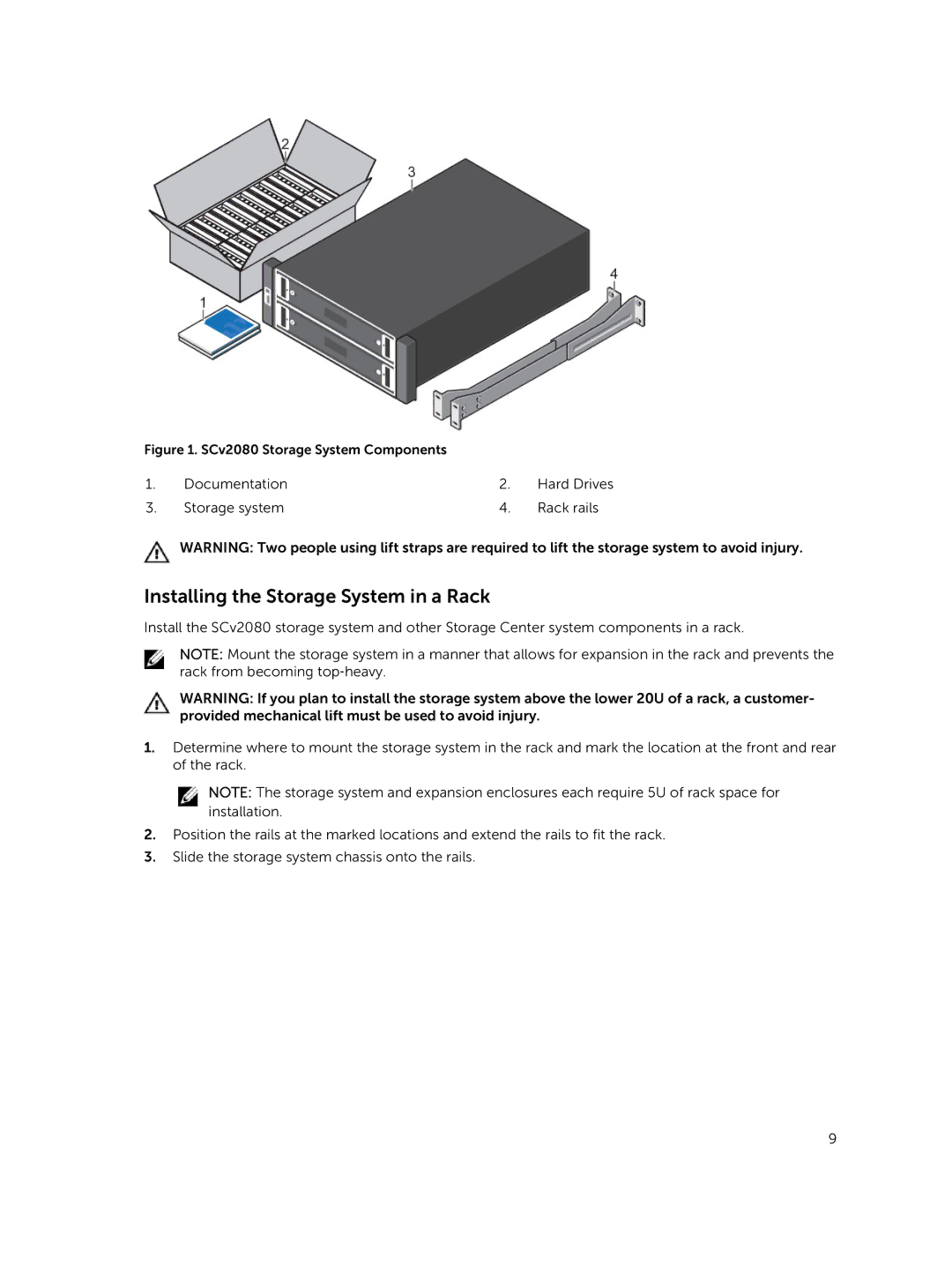 Dell manual Installing the Storage System in a Rack, SCv2080 Storage System Components 