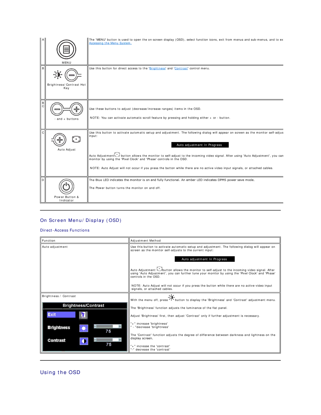 Dell SE178WFP manual Using the OSD, On Screen Menu/Display OSD 