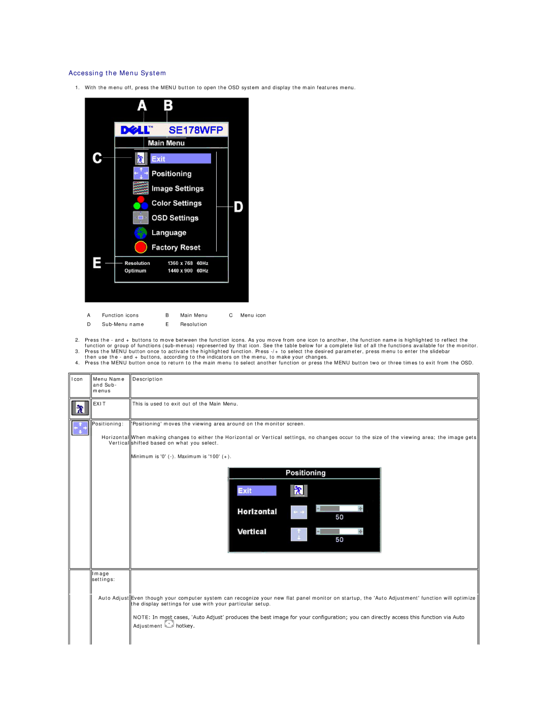 Dell SE178WFP Icon Menu Name and Sub- menus Description, Exit, This is used to exit out of the Main Menu, Image settings 