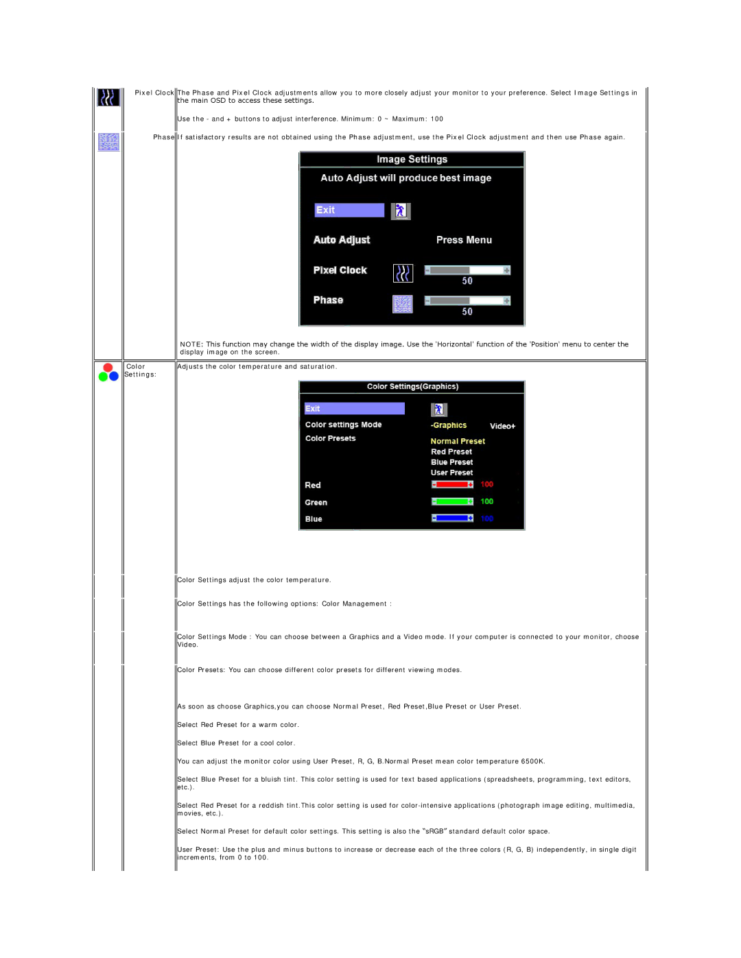 Dell SE178WFP manual Settings 