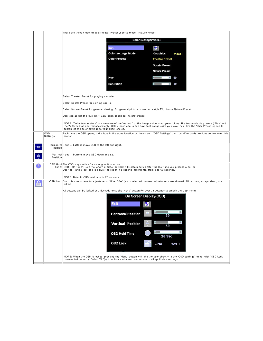 Dell SE178WFP manual OSD Settings, Position 