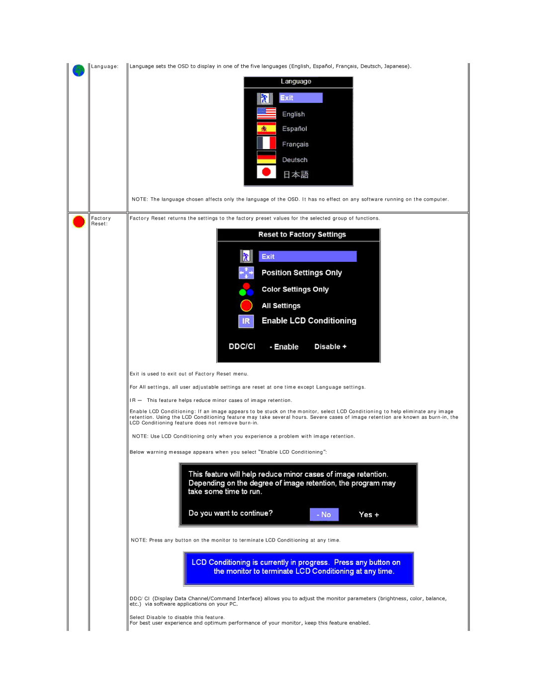 Dell SE178WFP manual Language Factory Reset 