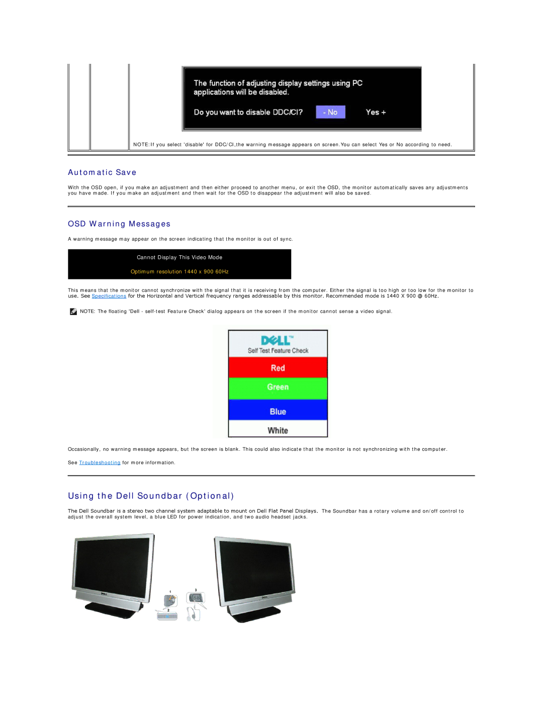 Dell SE178WFP manual Using the Dell Soundbar Optional, Automatic Save, OSD Warning Messages 