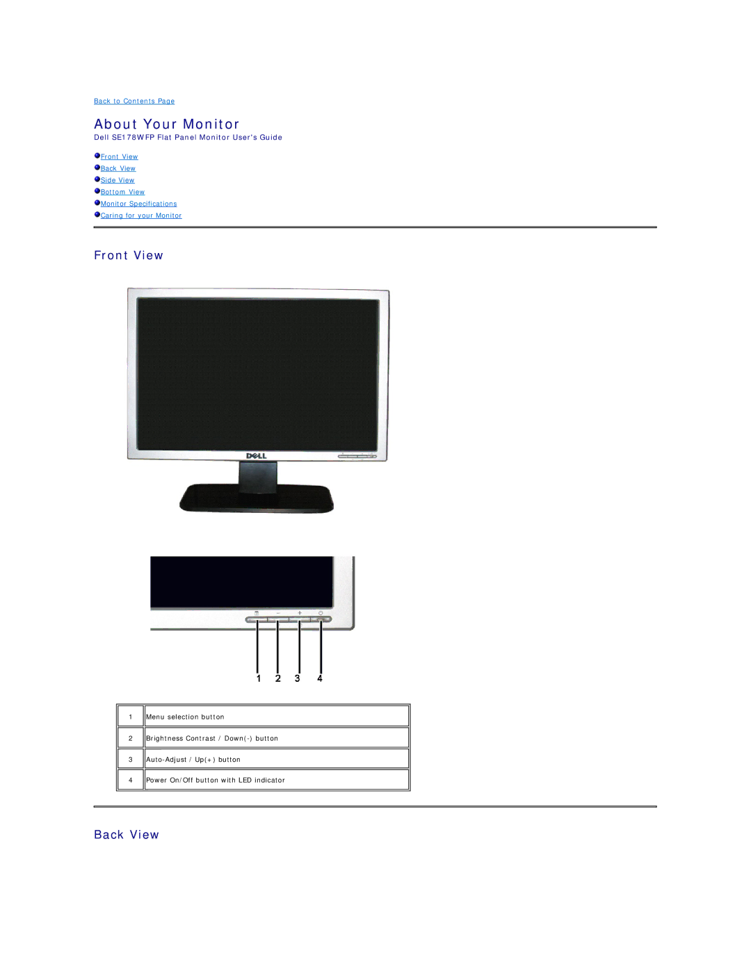 Dell SE178WFP manual About Your Monitor, Front View, Back View 