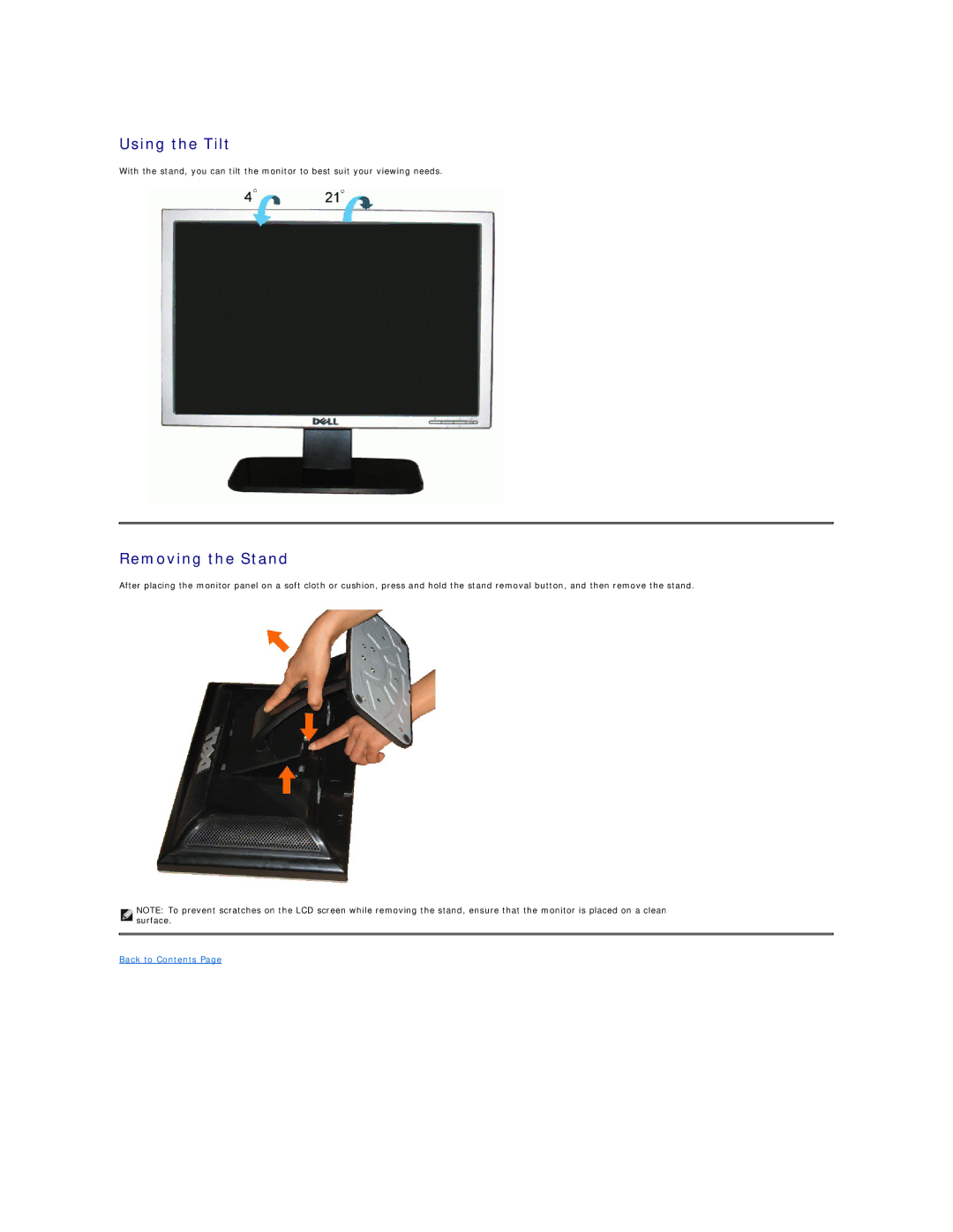 Dell SE178WFP manual Using the Tilt, Removing the Stand 