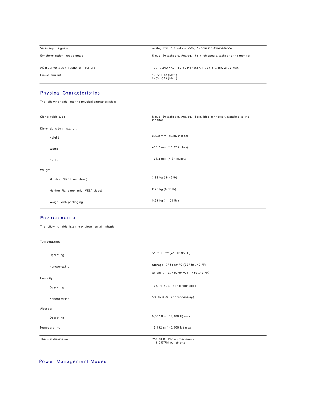 Dell SE178WFP manual Physical Characteristics, Environmental, Power Management Modes 