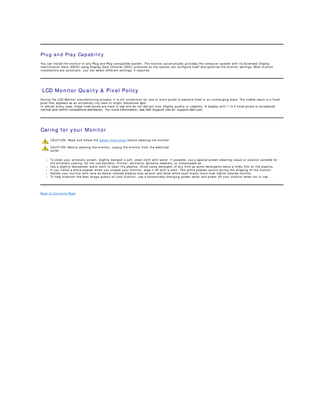 Dell SE178WFP manual LCD Monitor Quality & Pixel Policy, Caring for your Monitor, Plug and Play Capability 