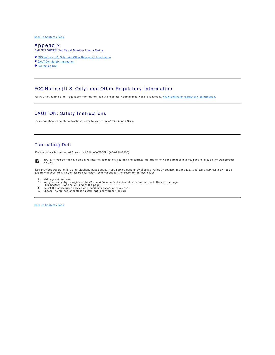 Dell SE178WFP manual Appendix, FCC Notice U.S. Only and Other Regulatory Information, Contacting Dell 