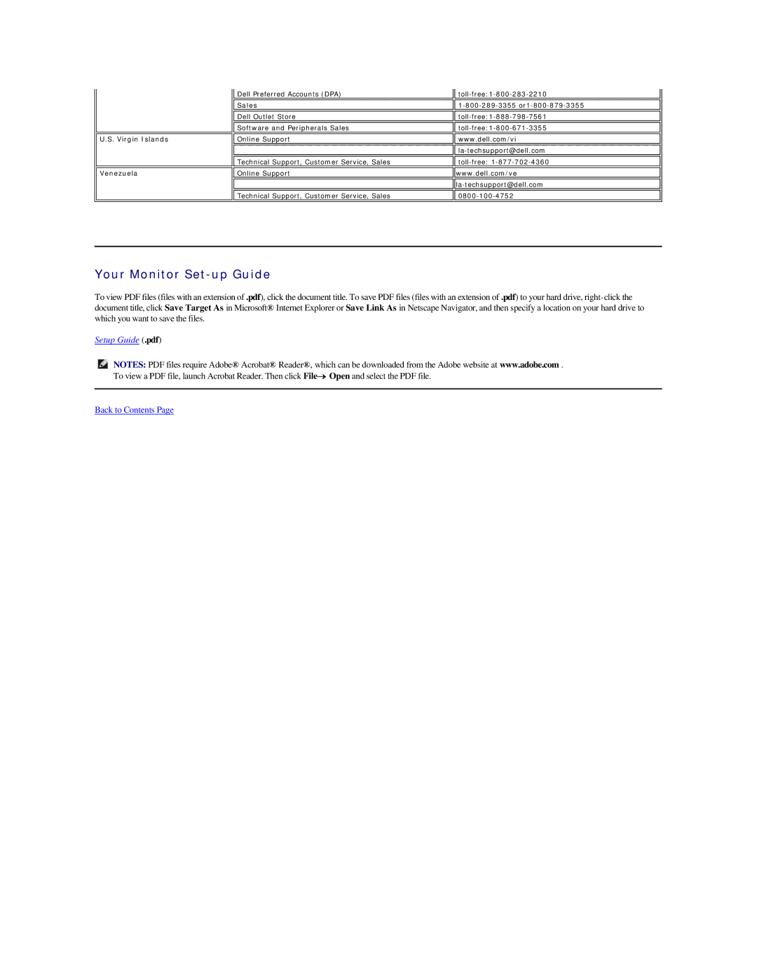 Dell SE198WFP appendix Your Monitor Set-up Guide, Virgin Islands Venezuela 