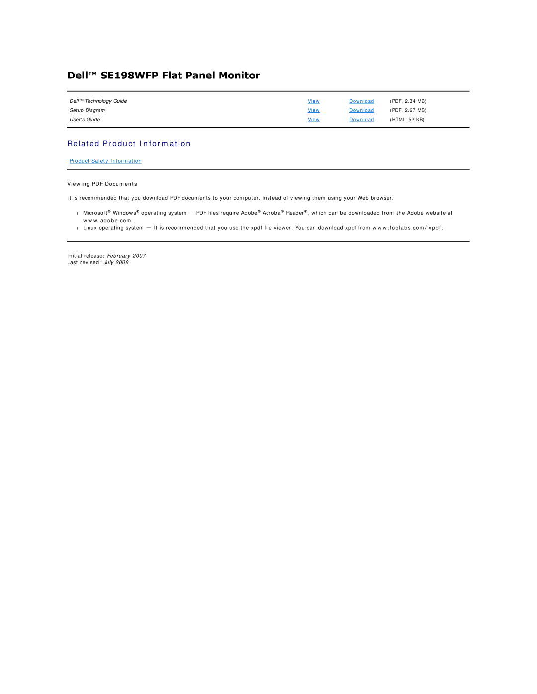 Dell appendix Dell SE198WFP Flat Panel Monitor, Related Product Information 