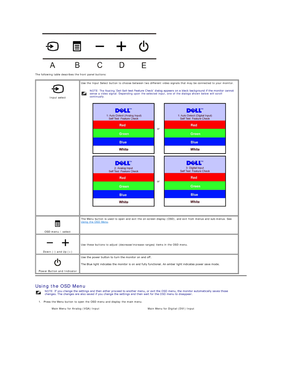 Dell SE198WFP appendix Using the OSD Menu, Input select, OSD menu / select Down and Up + Power Button and Indicator 