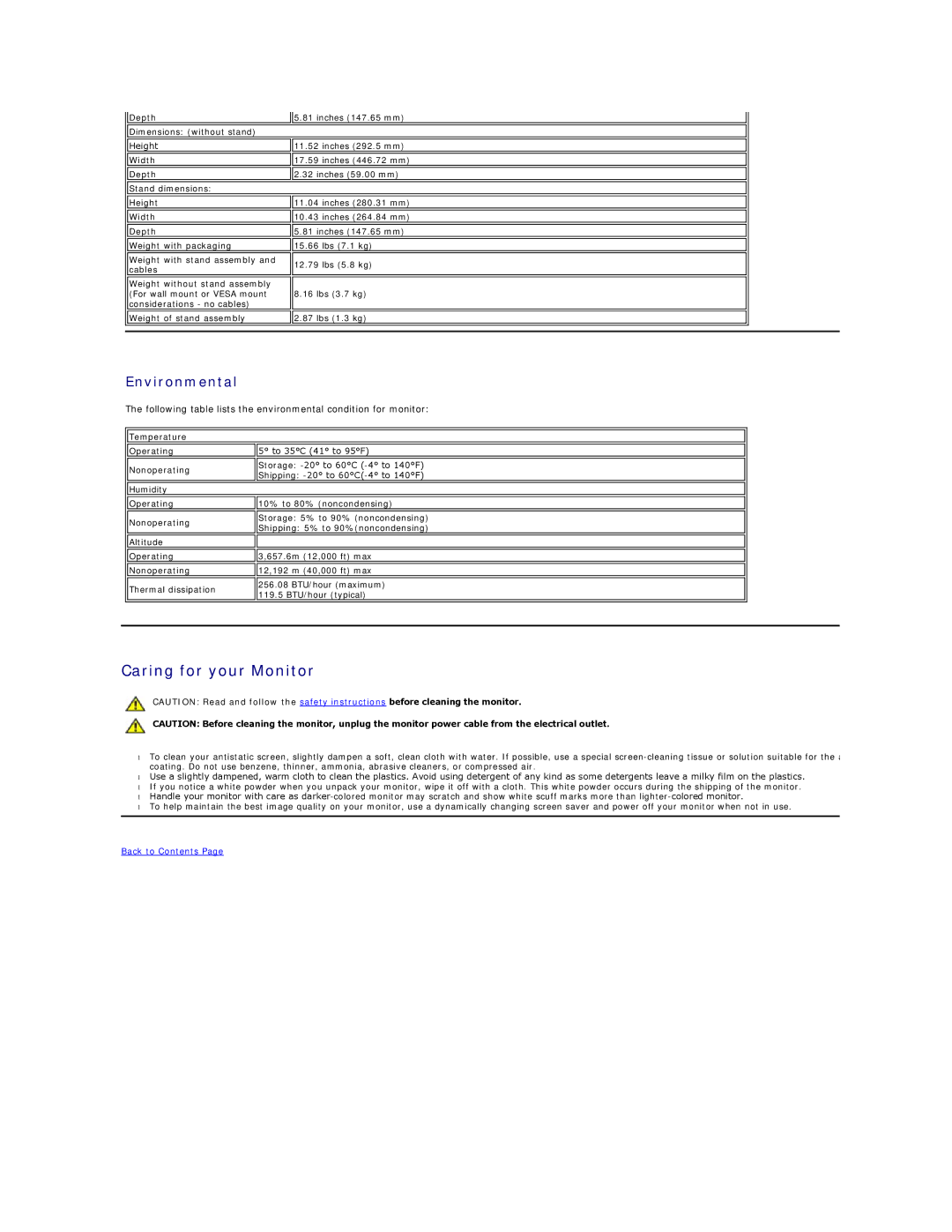 Dell SE198WFP appendix Caring for your Monitor, Environmental 