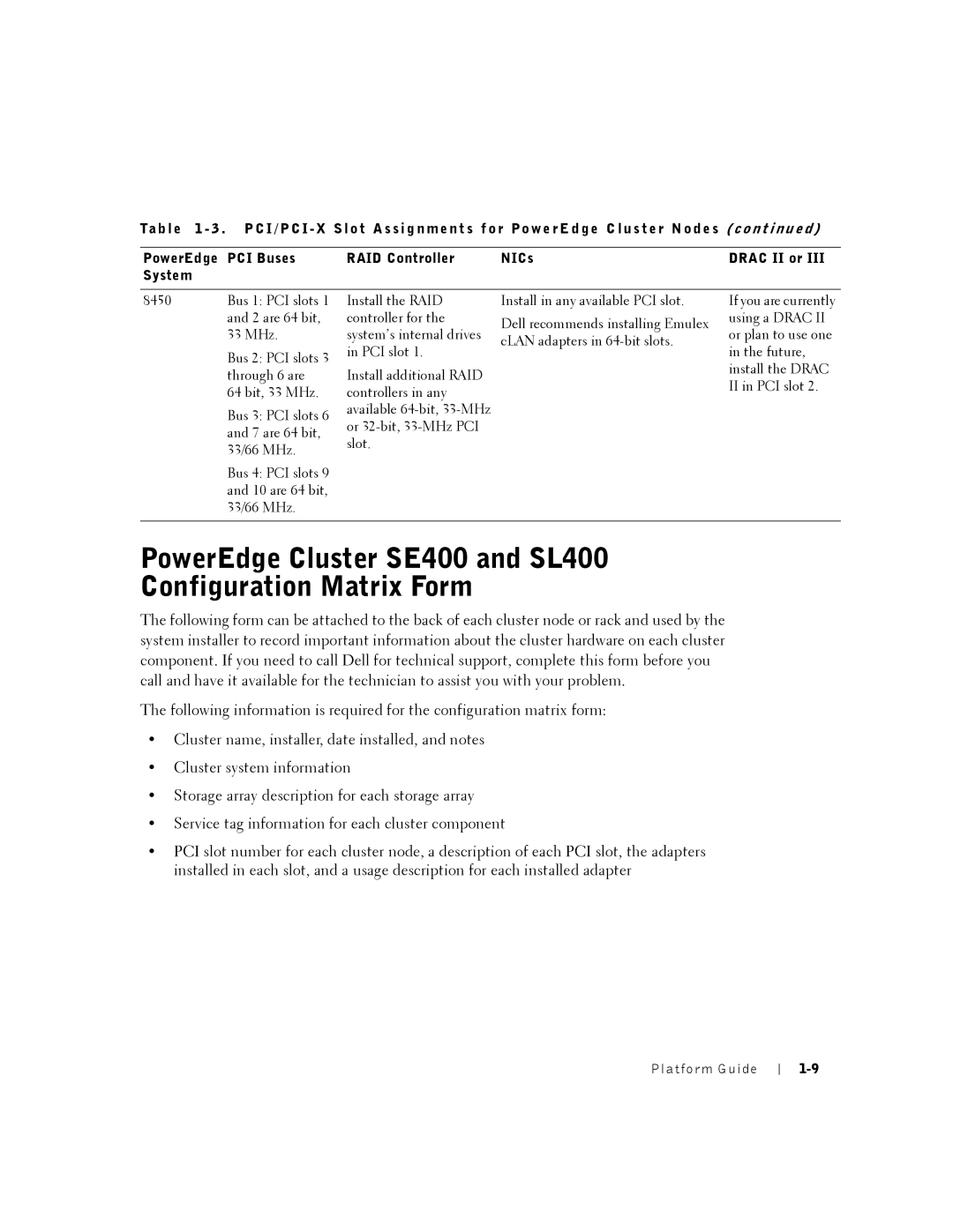 Dell manual PowerEdge Cluster SE400 and SL400 Configuration Matrix Form 