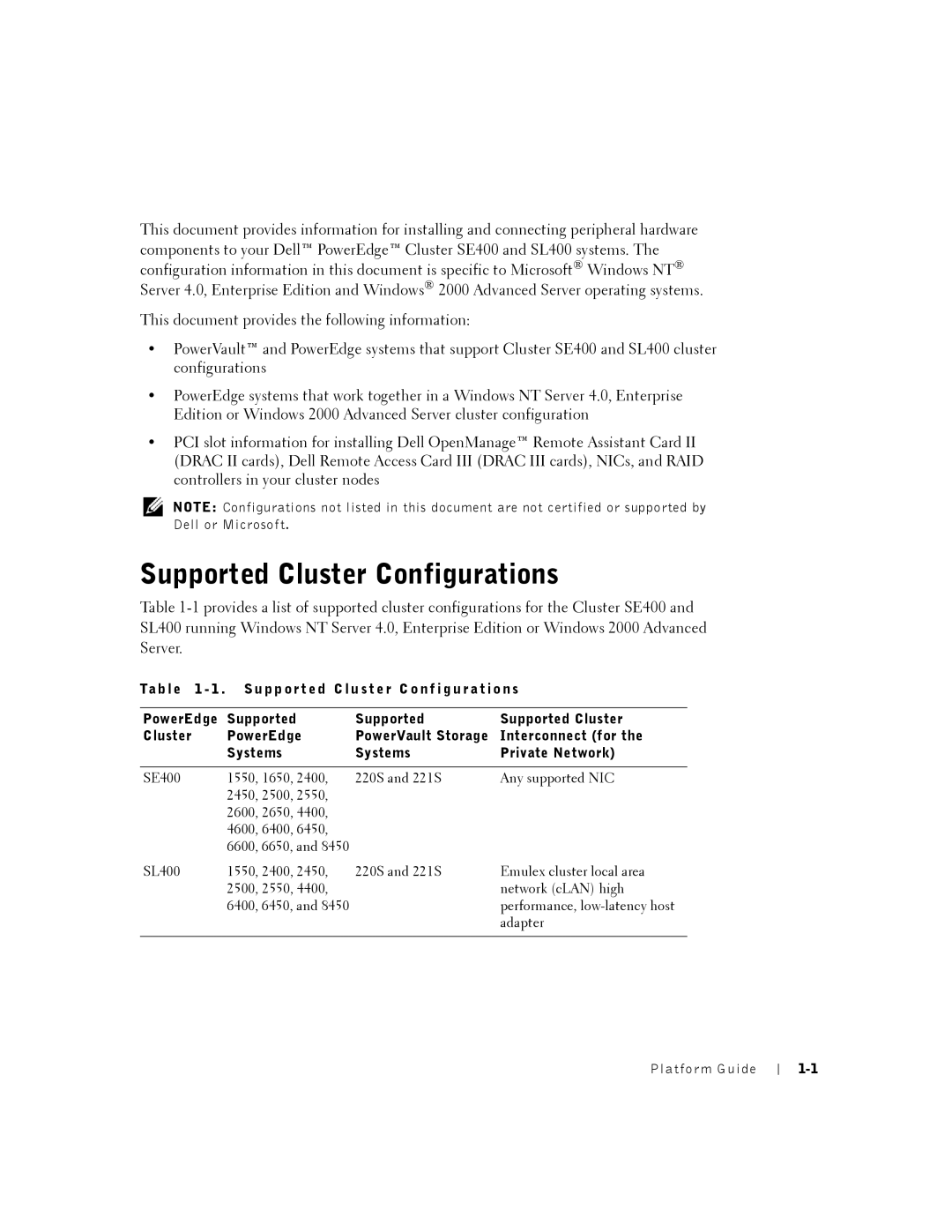 Dell SL400, SE400 manual Supported Cluster Configurations 