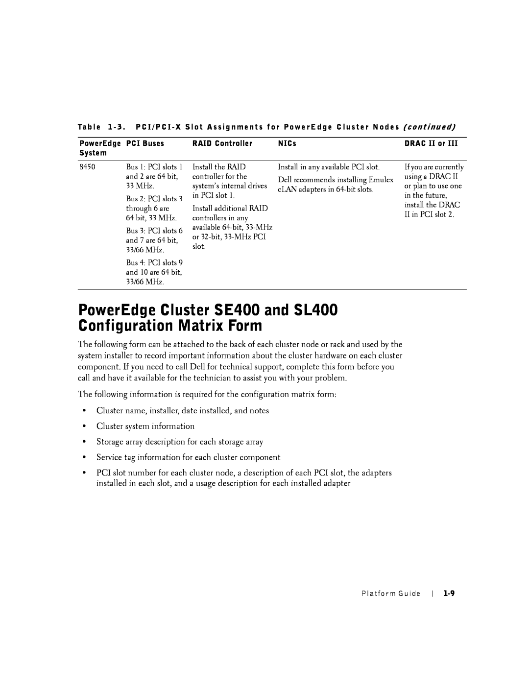 Dell manual PowerEdge Cluster SE400 and SL400 Configuration Matrix Form 