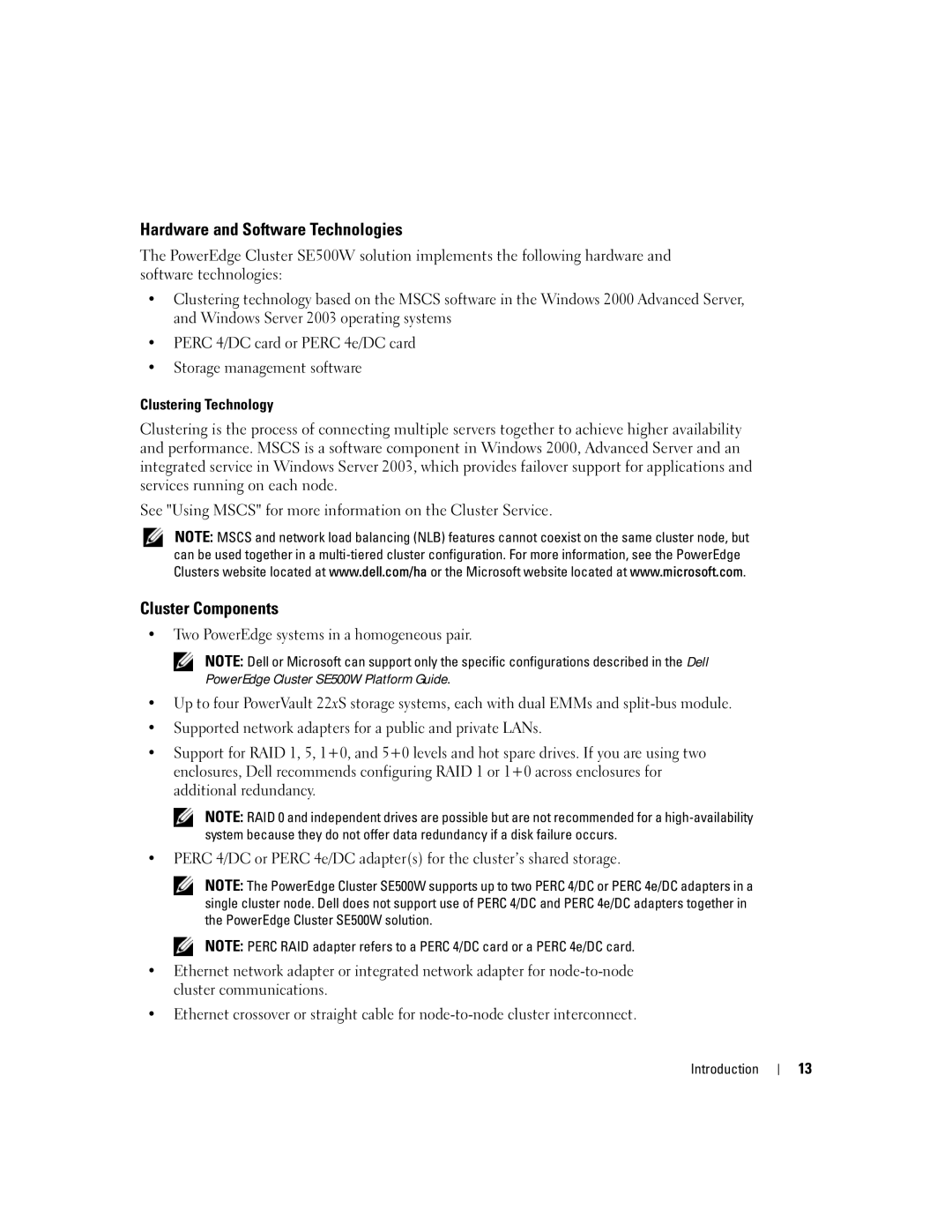 Dell SE500W manual Hardware and Software Technologies, Cluster Components 