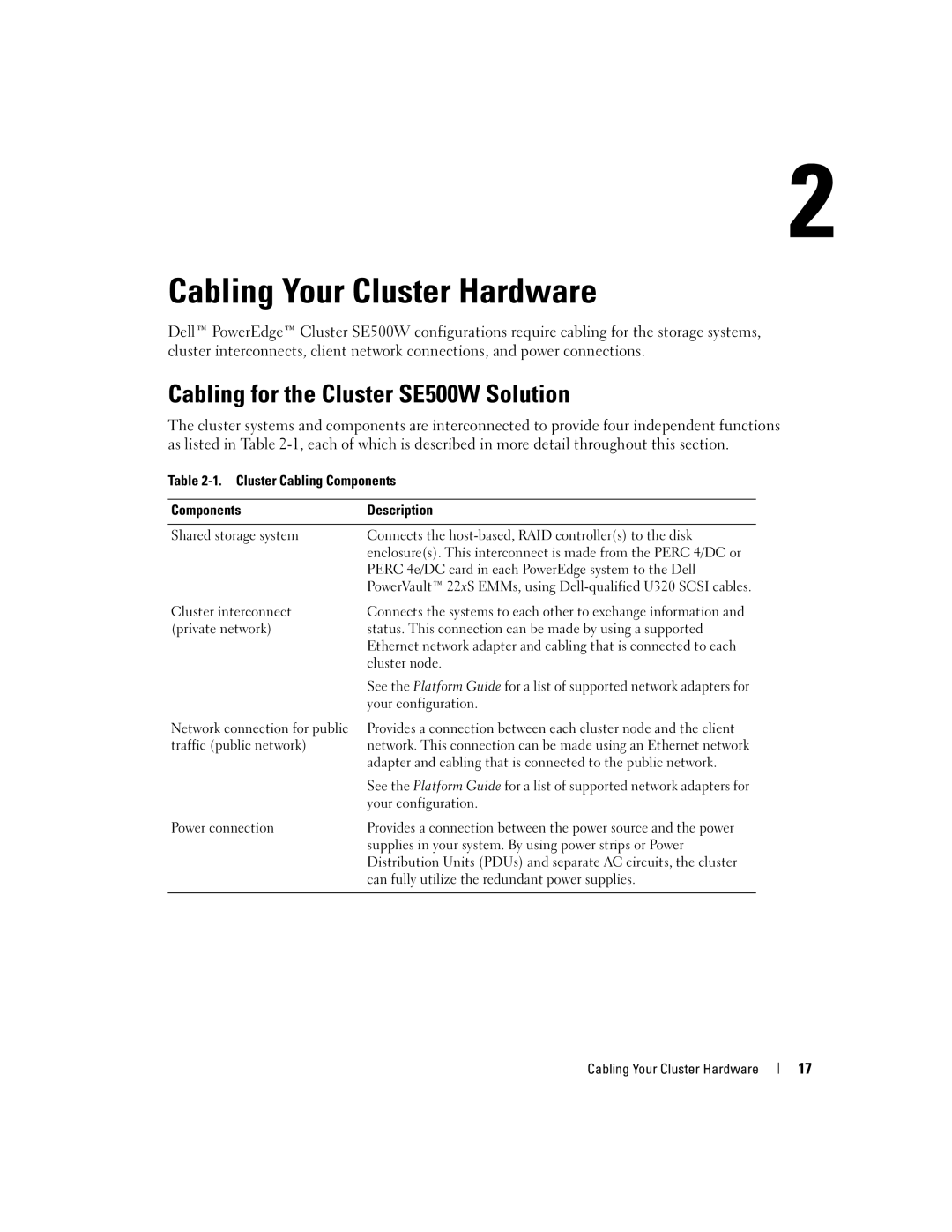 Dell manual Cabling Your Cluster Hardware, Cabling for the Cluster SE500W Solution 