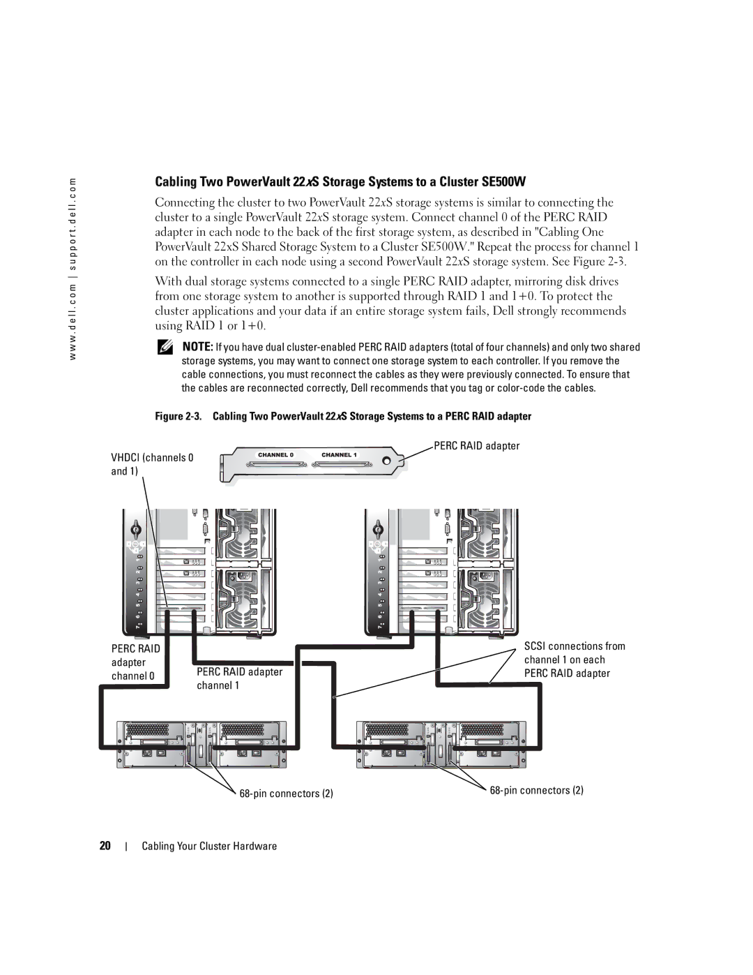 Dell SE500W manual Adapter Channel 0 Perc RAID adapter channel Pin connectors, Pin connectors Cabling Your Cluster Hardware 