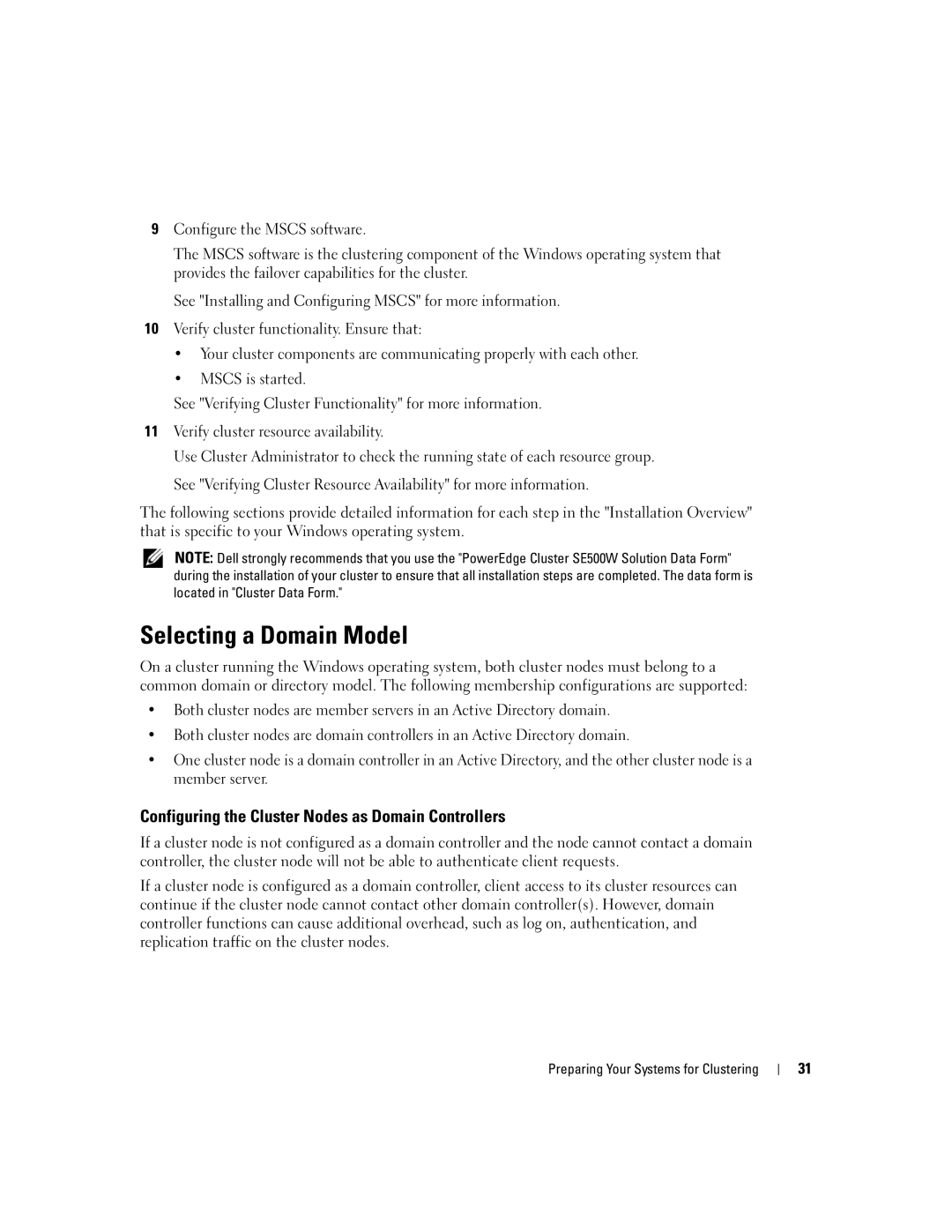 Dell SE500W manual Selecting a Domain Model, Configuring the Cluster Nodes as Domain Controllers 