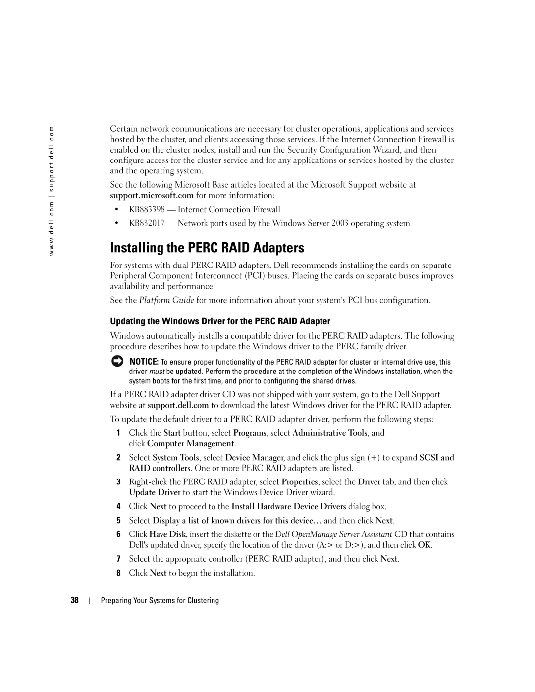 Dell SE500W manual Installing the Perc RAID Adapters, Updating the Windows Driver for the Perc RAID Adapter 