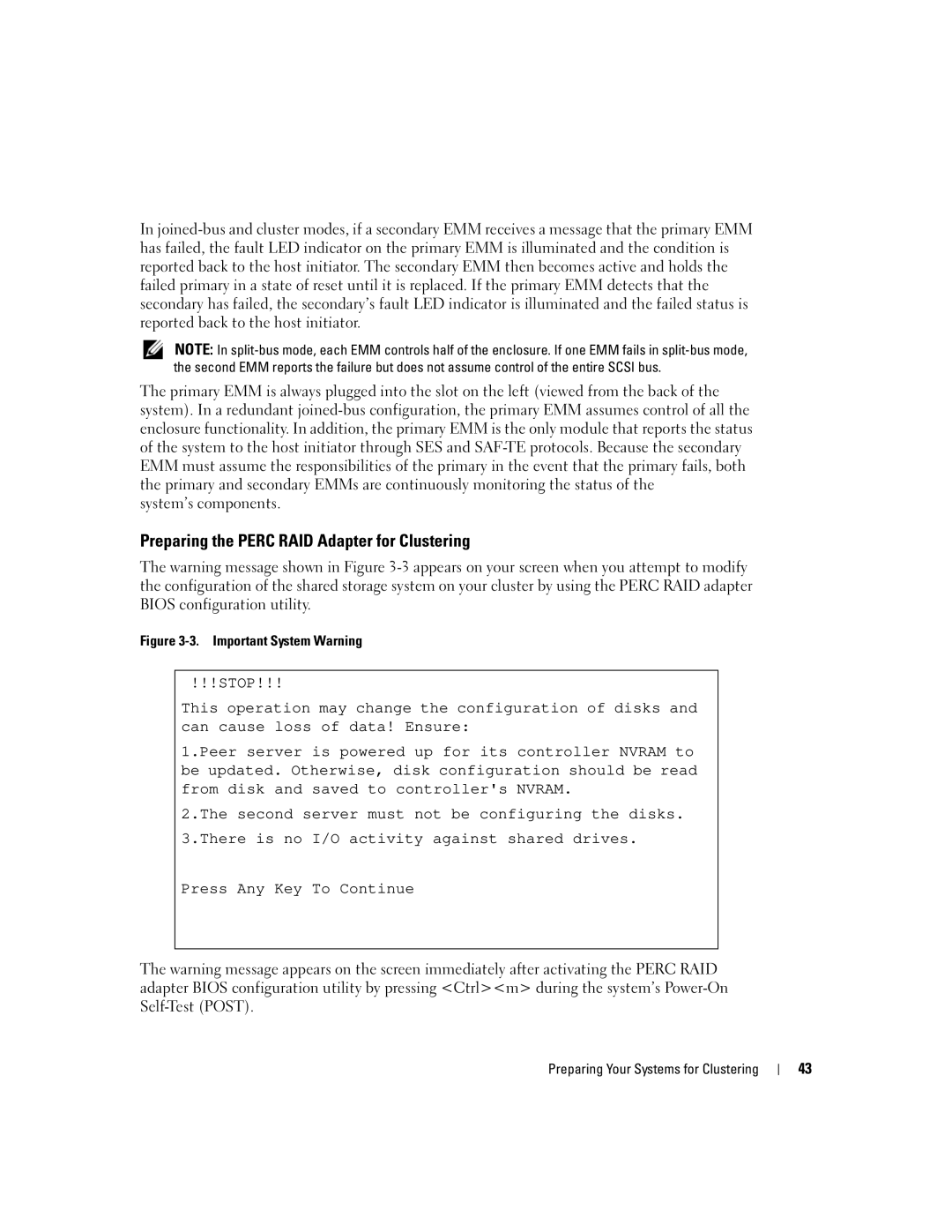 Dell SE500W manual Preparing the Perc RAID Adapter for Clustering, Important System Warning 