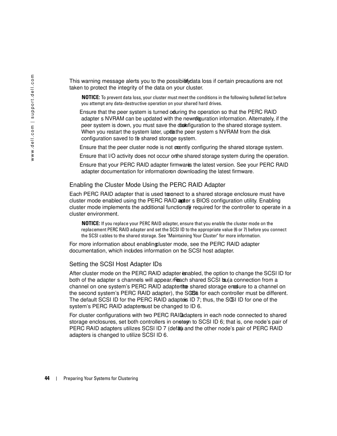 Dell SE500W manual Enabling the Cluster Mode Using the Perc RAID Adapter, Setting the Scsi Host Adapter IDs 