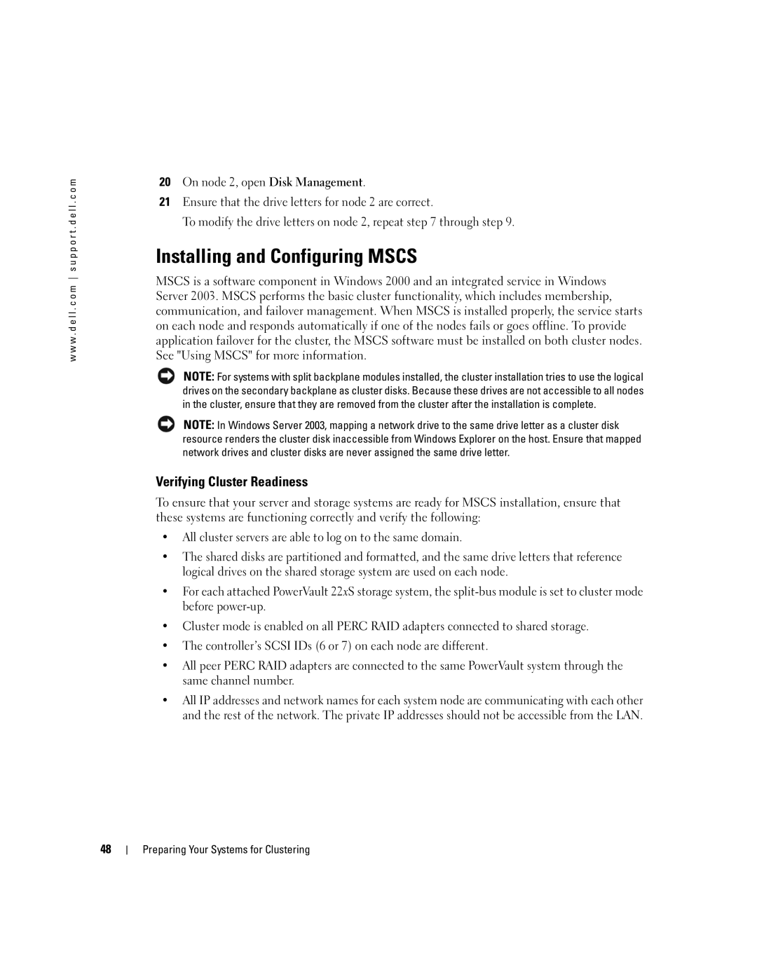 Dell SE500W manual Installing and Configuring Mscs, Verifying Cluster Readiness 