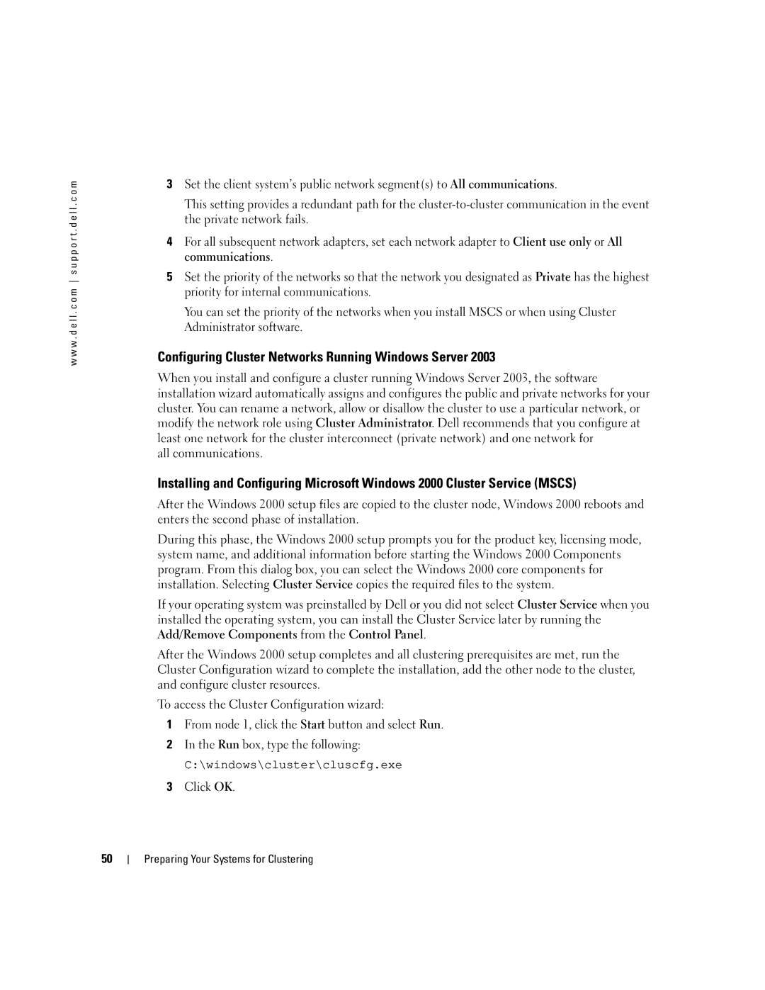 Dell SE500W manual Configuring Cluster Networks Running Windows Server 