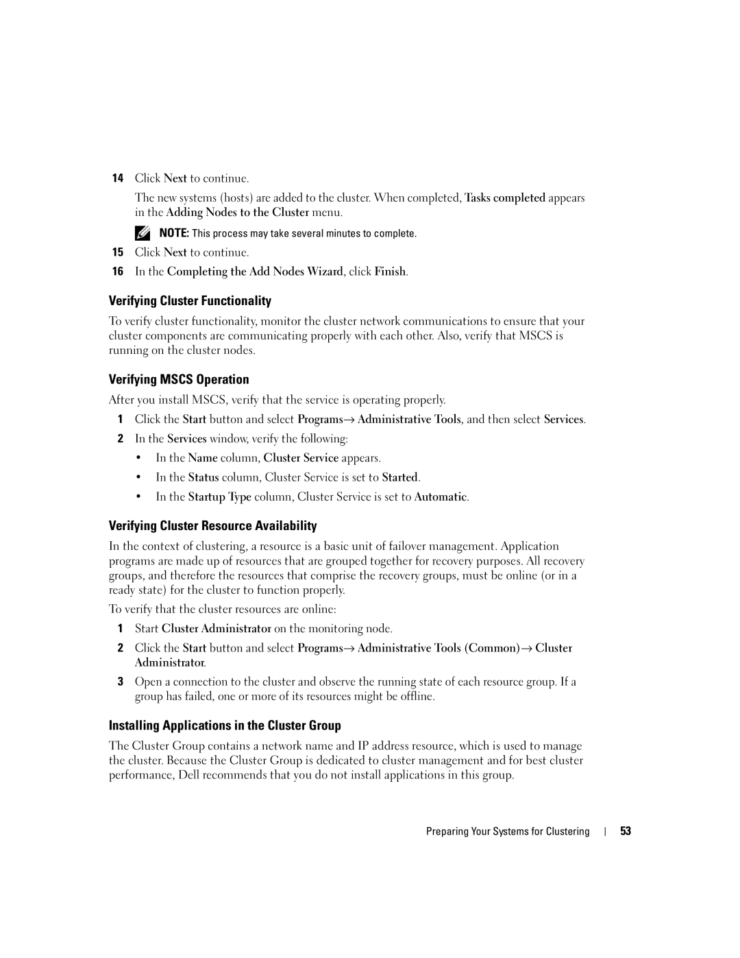 Dell SE500W manual Verifying Cluster Functionality, Verifying Mscs Operation, Verifying Cluster Resource Availability 
