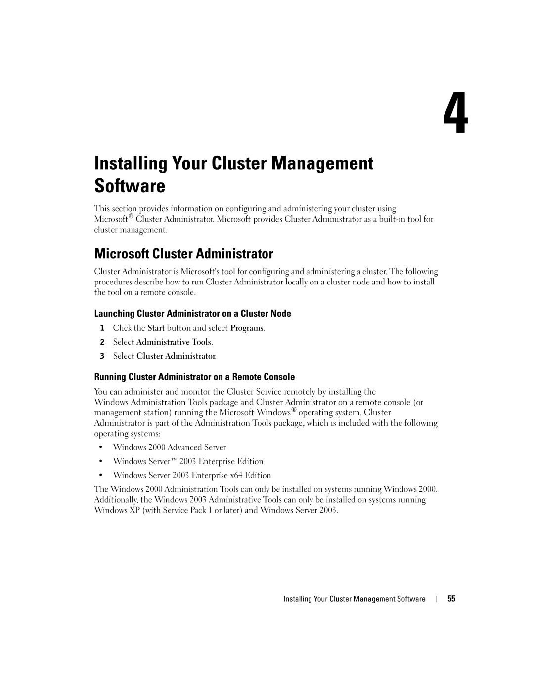 Dell SE500W manual Installing Your Cluster Management Software, Microsoft Cluster Administrator 