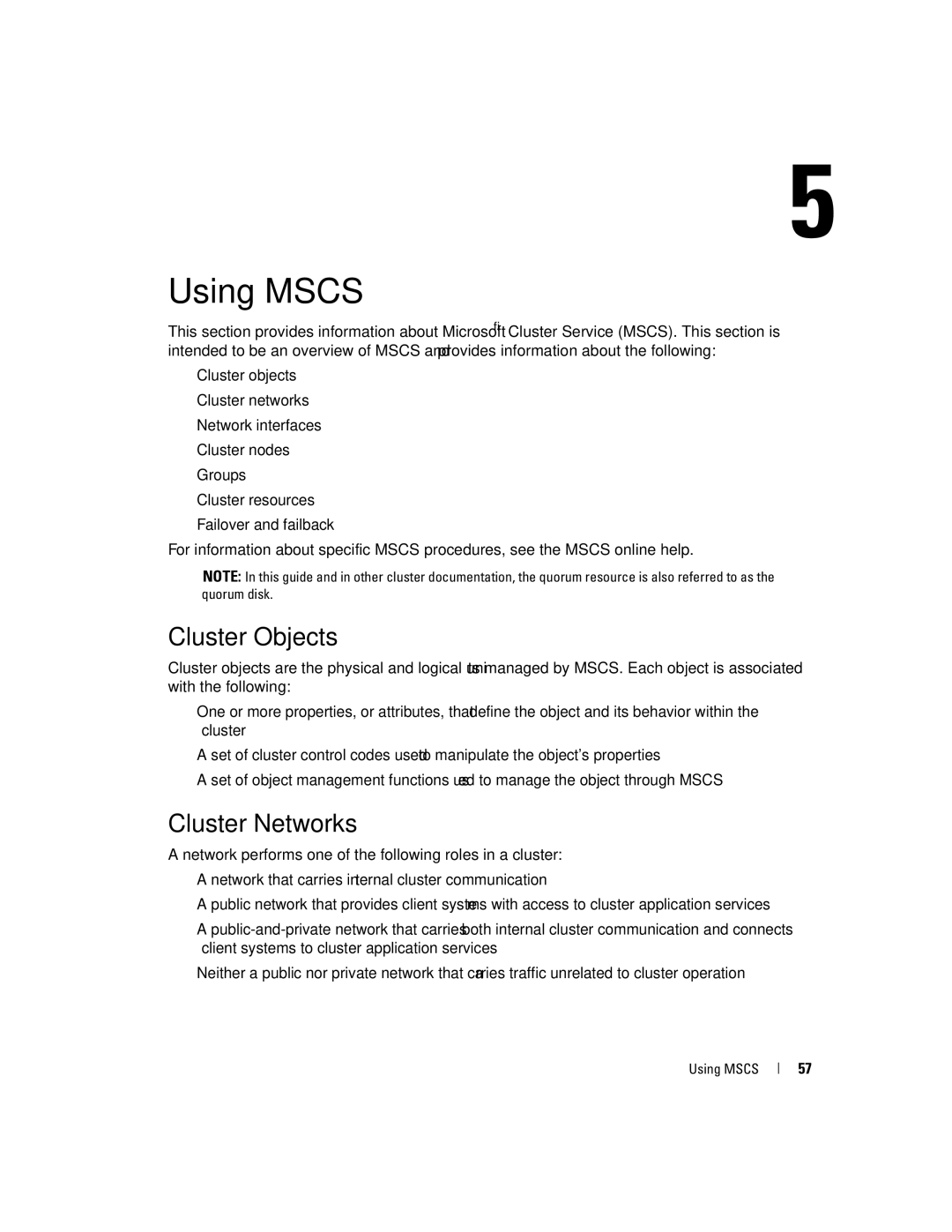 Dell SE500W manual Using Mscs, Cluster Objects, Cluster Networks 