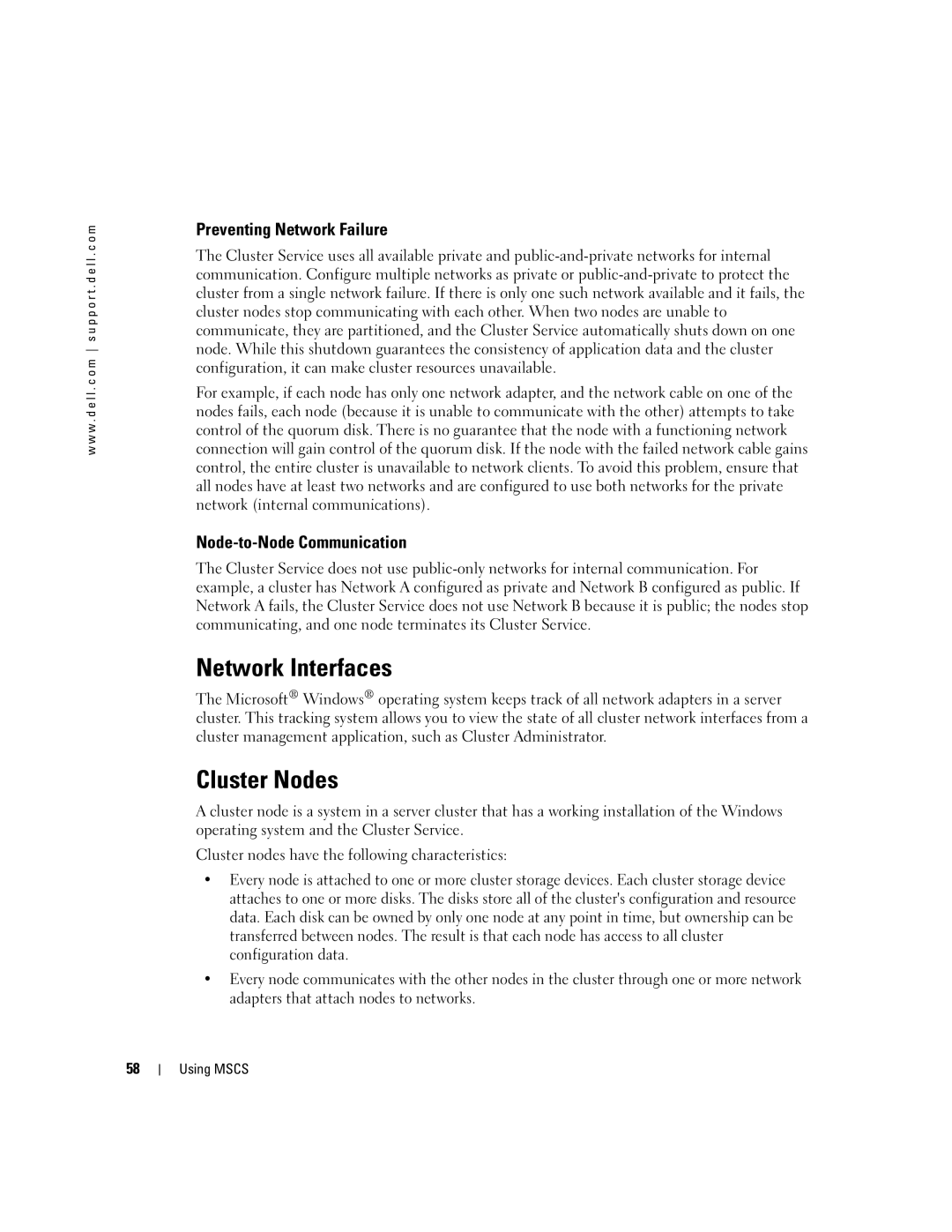 Dell SE500W manual Network Interfaces, Cluster Nodes, Preventing Network Failure, Node-to-Node Communication 