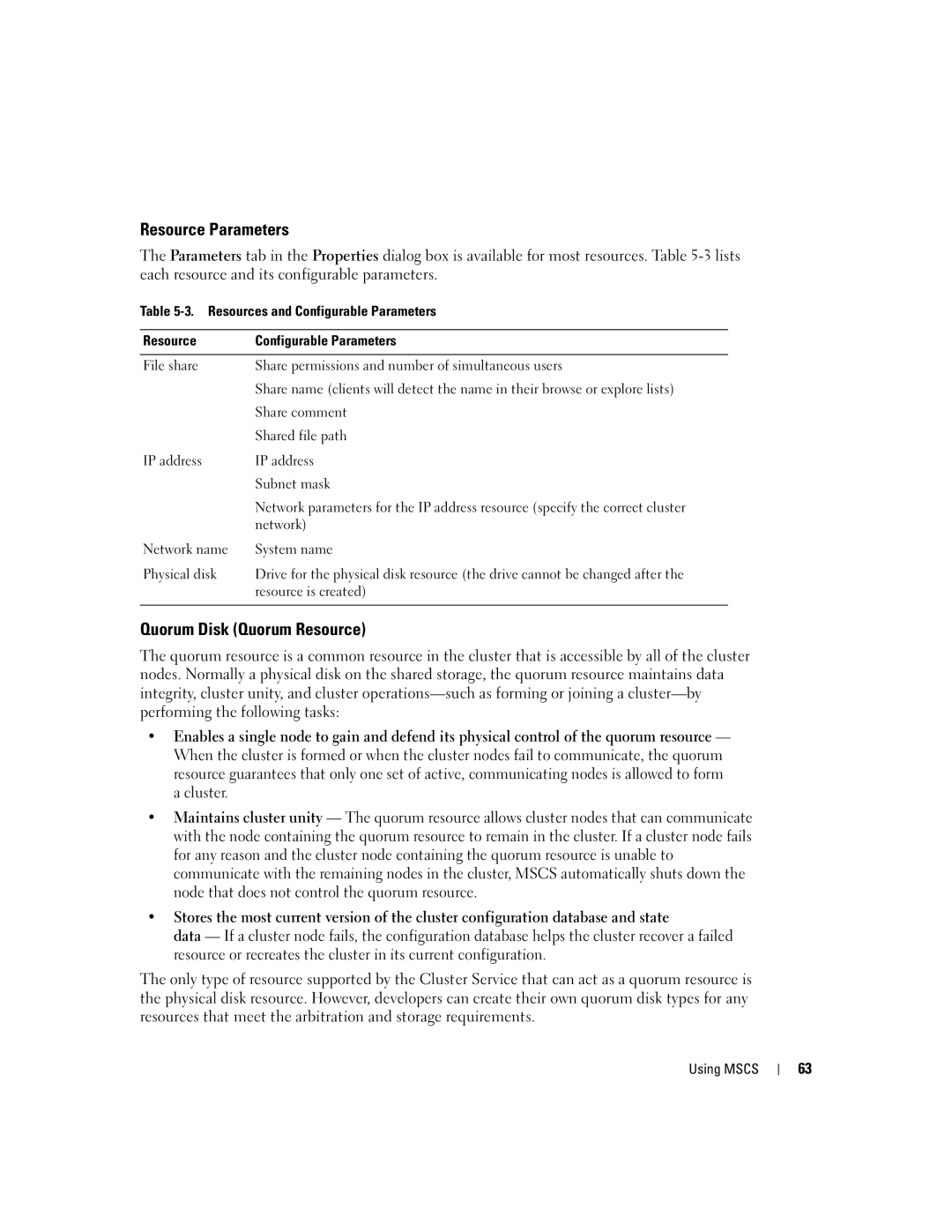 Dell SE500W manual Resource Parameters, Quorum Disk Quorum Resource, Resources and Configurable Parameters 