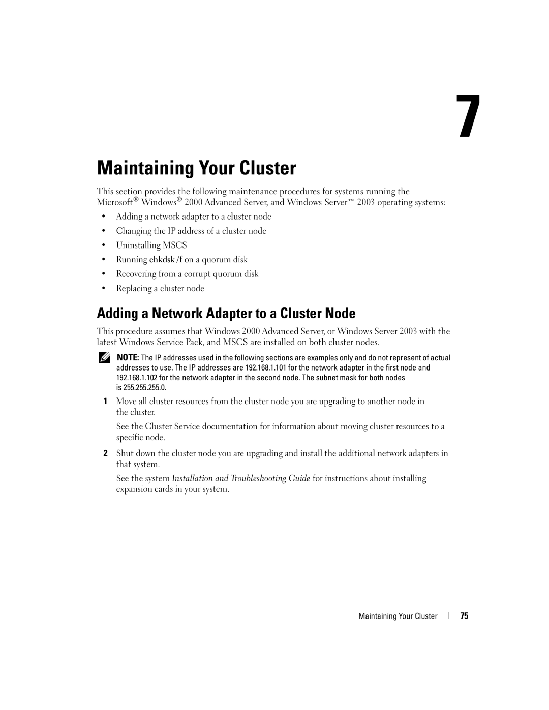 Dell SE500W manual Maintaining Your Cluster, Adding a Network Adapter to a Cluster Node 