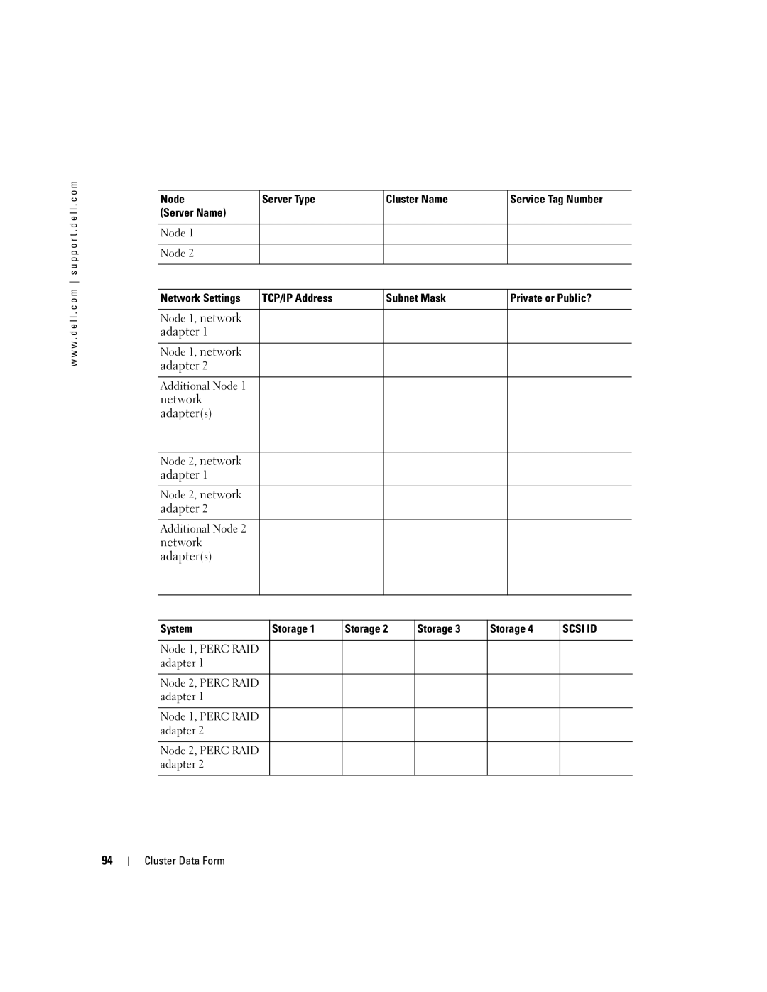 Dell SE500W manual Node Server Type Cluster Name Service Tag Number Server Name, System Storage 