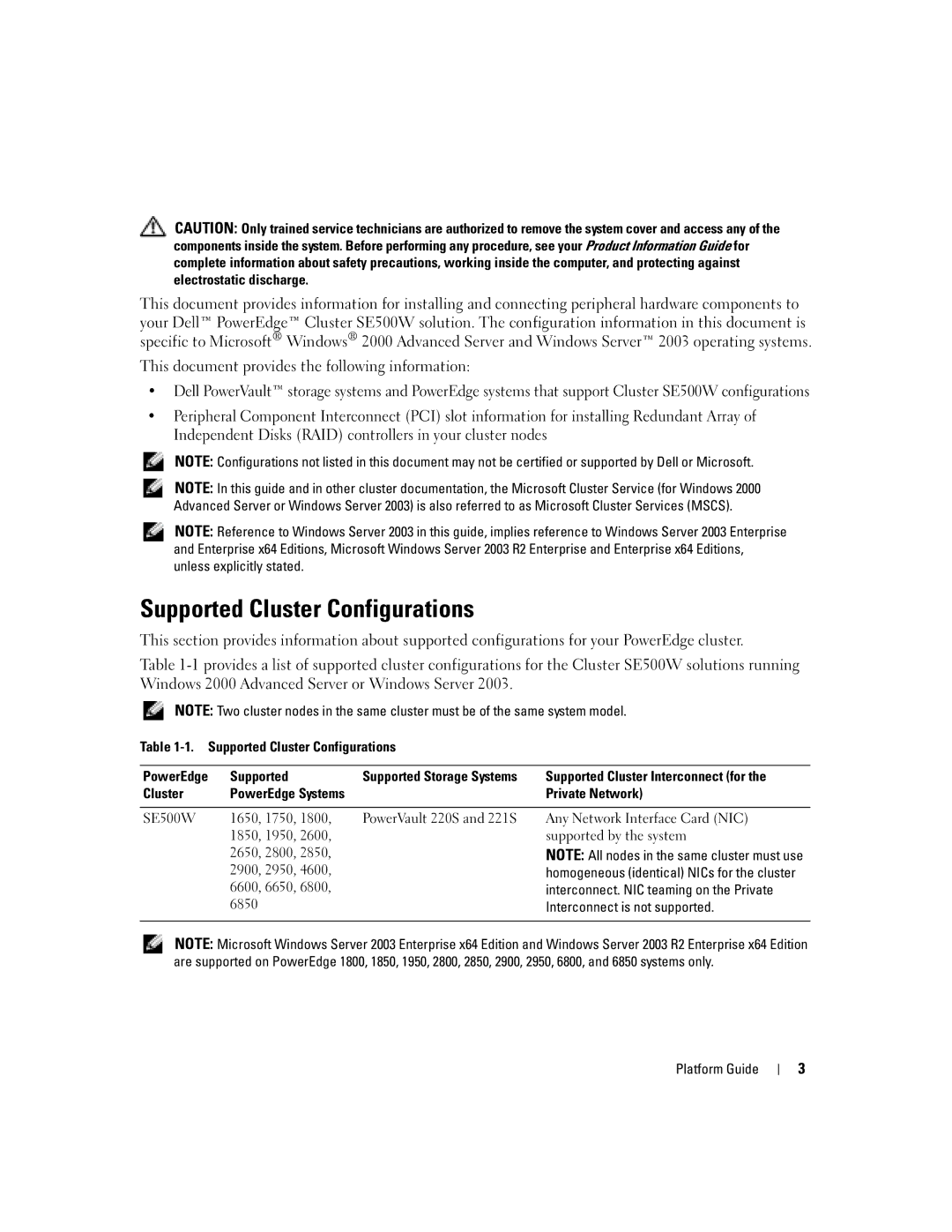 Dell SE500W manual Supported Cluster Configurations 