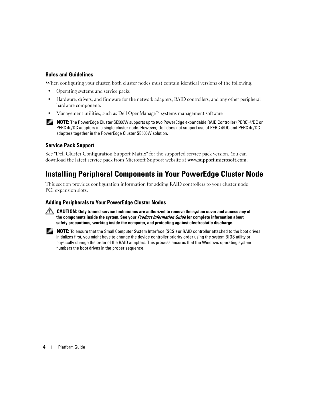 Dell SE500W manual Rules and Guidelines, Service Pack Support, Adding Peripherals to Your PowerEdge Cluster Nodes 