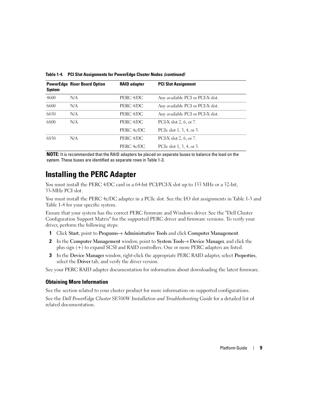 Dell SE500W manual Installing the Perc Adapter, Obtaining More Information 