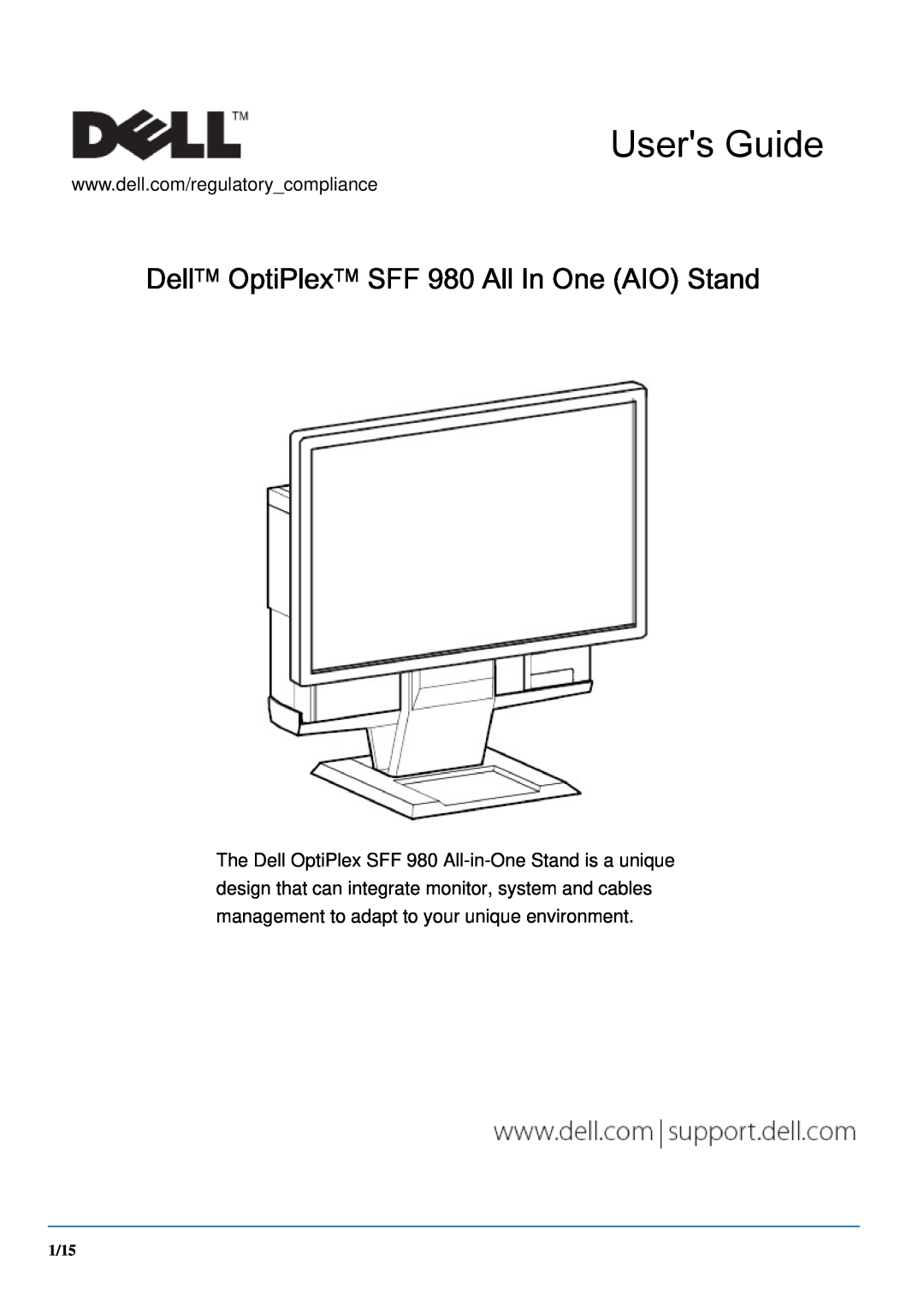 Dell manual DellTM OptiPlexTM SFF 980 All In One AIO Stand, Users Guide, 1/15 