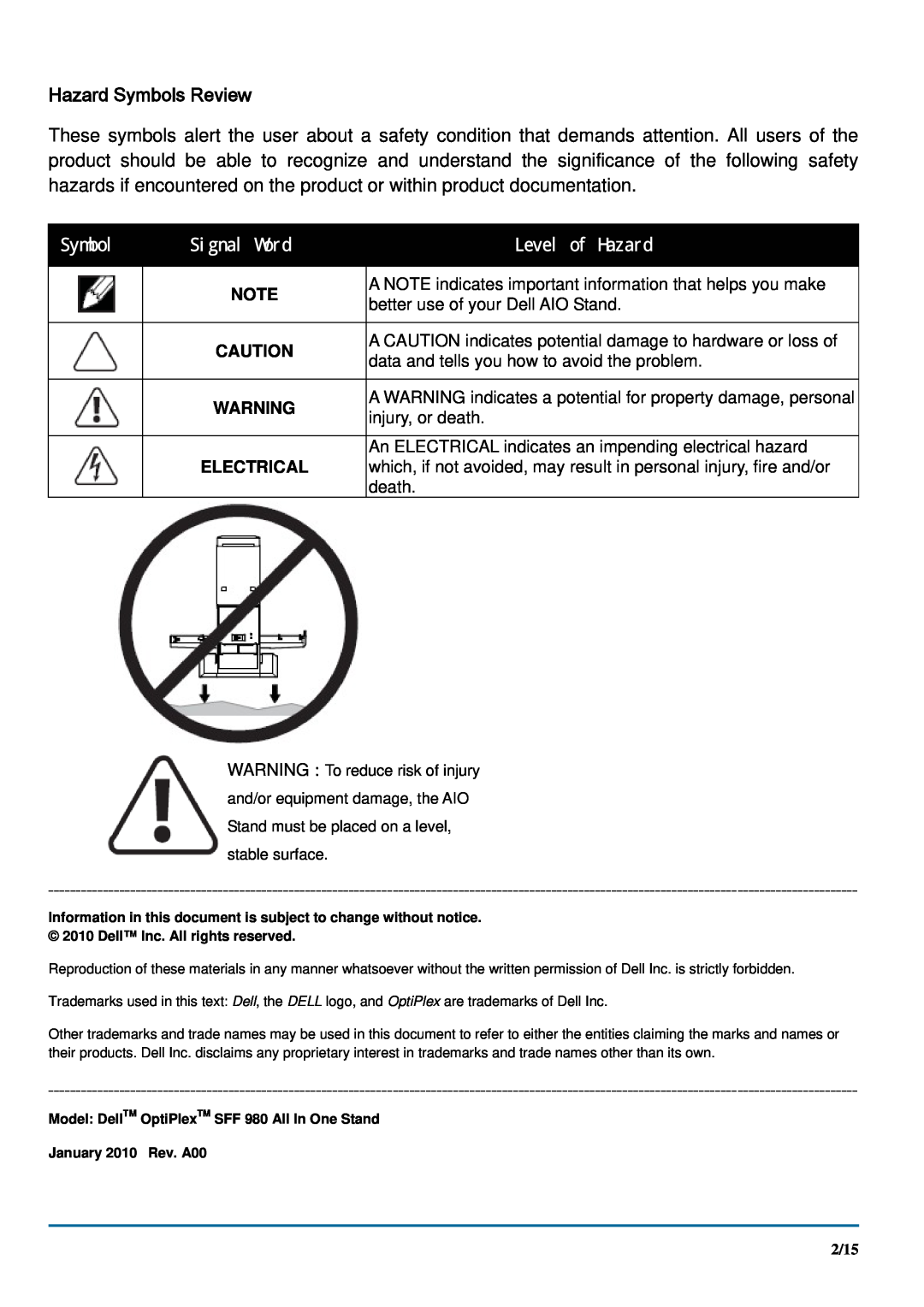 Dell SFF 980 manual Hazard Symbols Review, Electrical, Signal Word, Level of Hazard 