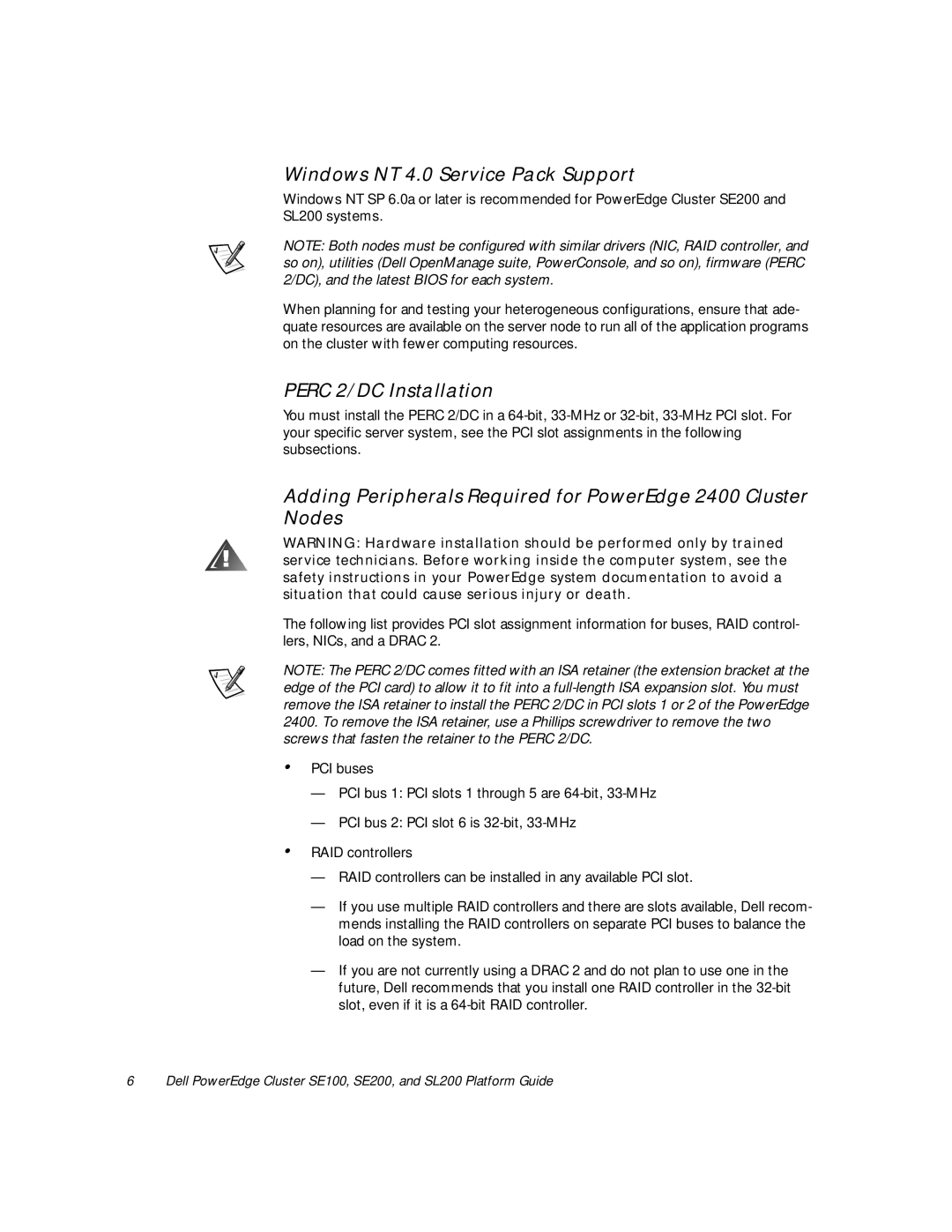 Dell SE200, SL200, SE100 manual Perc 2/DC Installation, Adding Peripherals Required for PowerEdge 2400 Cluster Nodes 