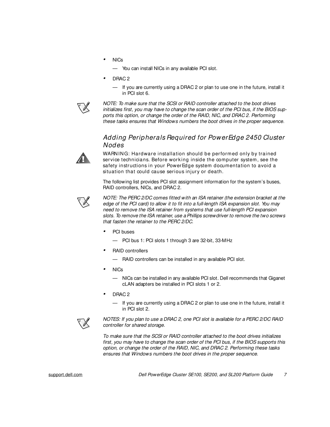 Dell SE100, SL200, SE200 manual Adding Peripherals Required for PowerEdge 2450 Cluster Nodes 