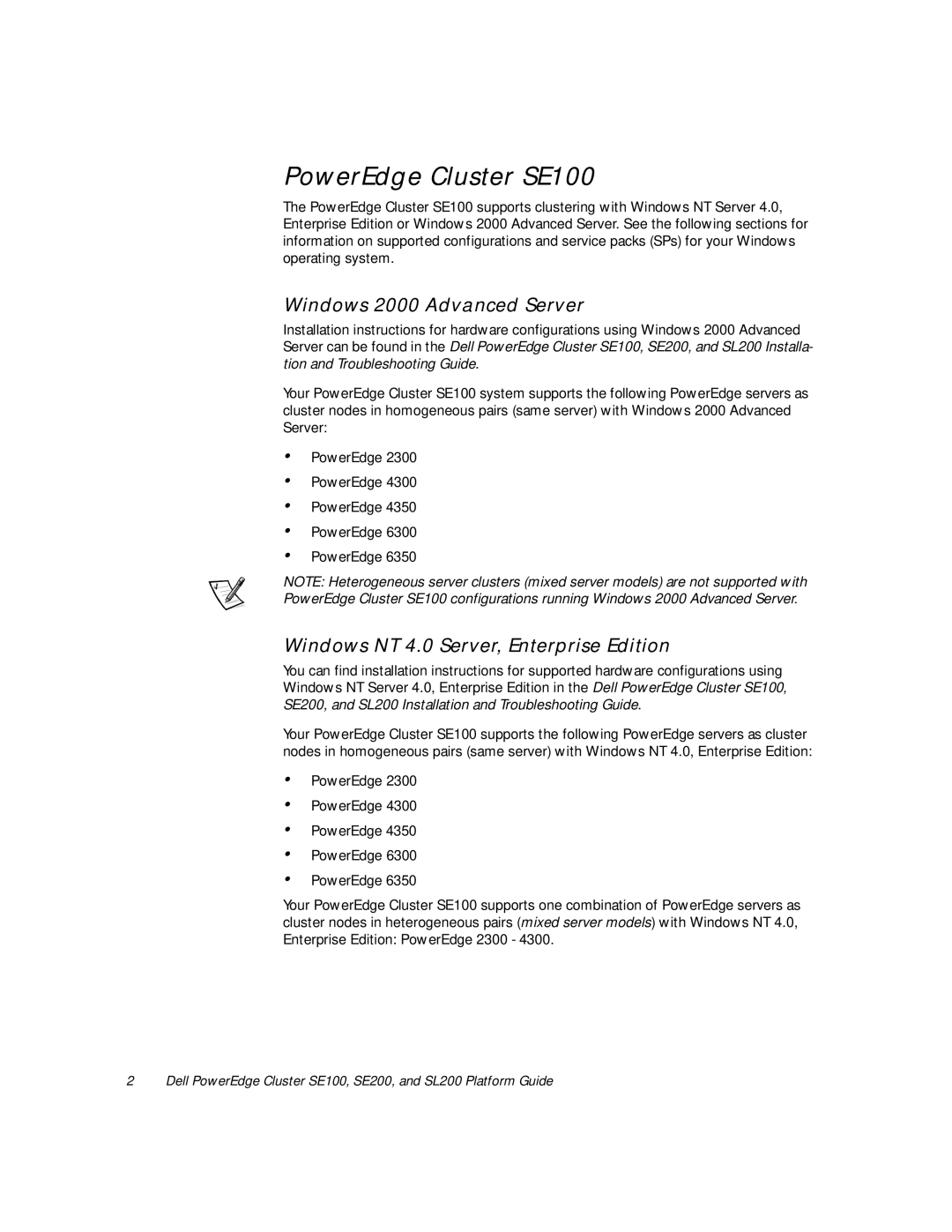 Dell SL200, SE200 manual PowerEdge Cluster SE100, Windows 2000 Advanced Server, Windows NT 4.0 Server, Enterprise Edition 