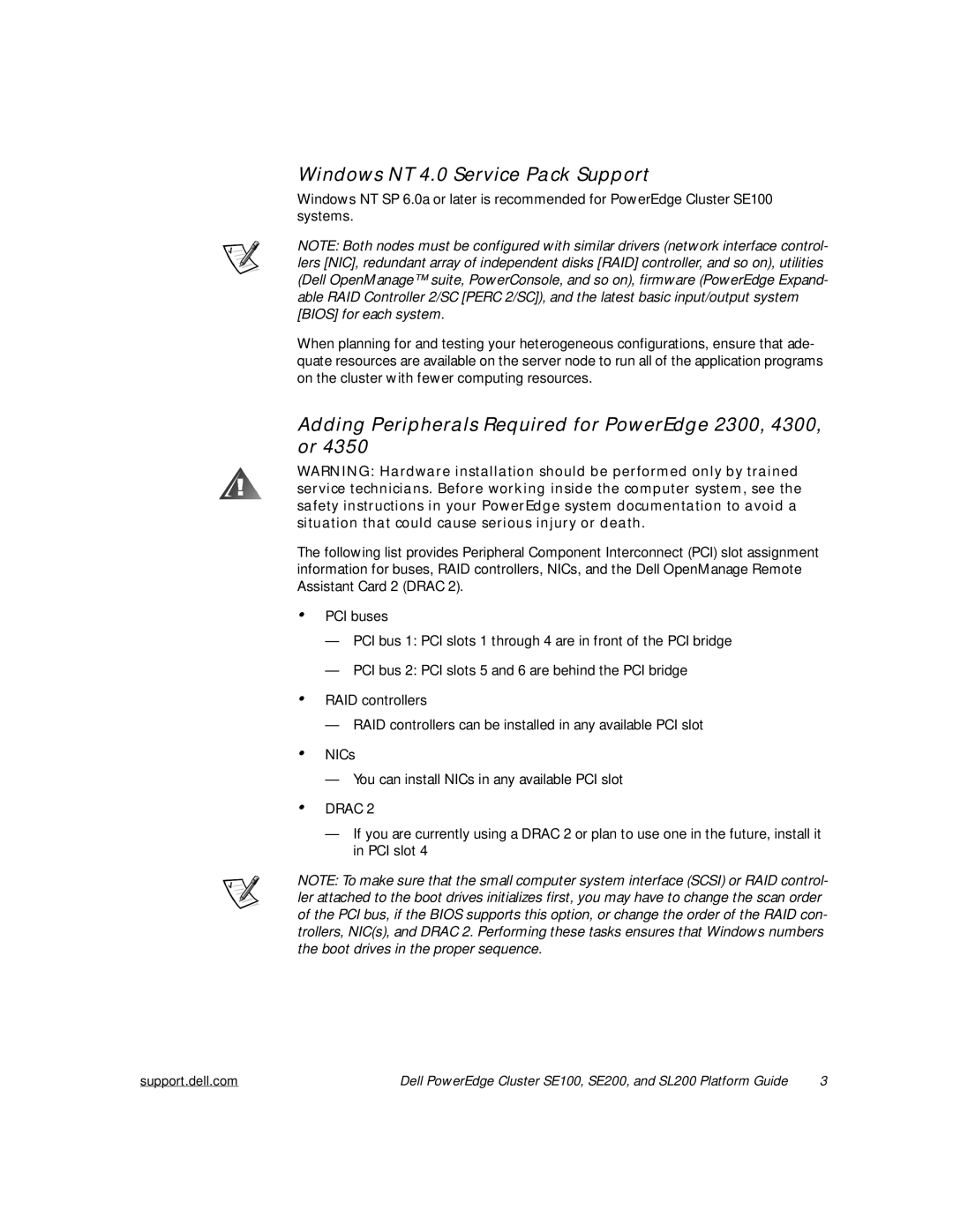 Dell SE200, SL200, SE100 manual Windows NT 4.0 Service Pack Support, Adding Peripherals Required for PowerEdge 2300, 4300, or 