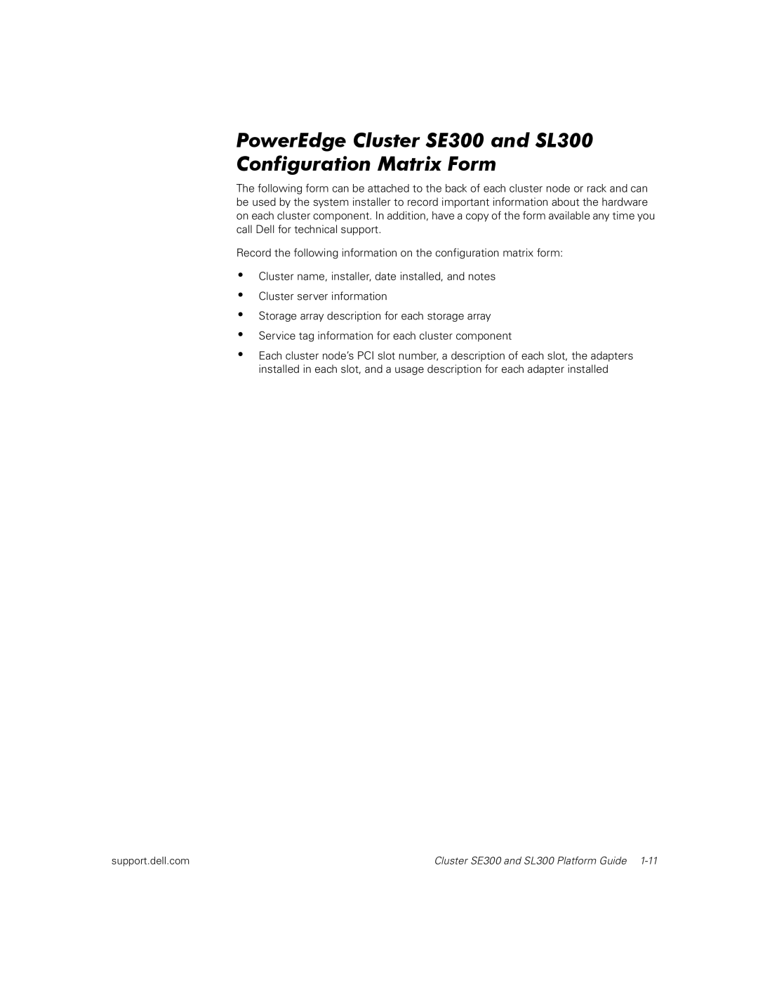 Dell manual PowerEdge Cluster SE300 and SL300 Configuration Matrix Form 