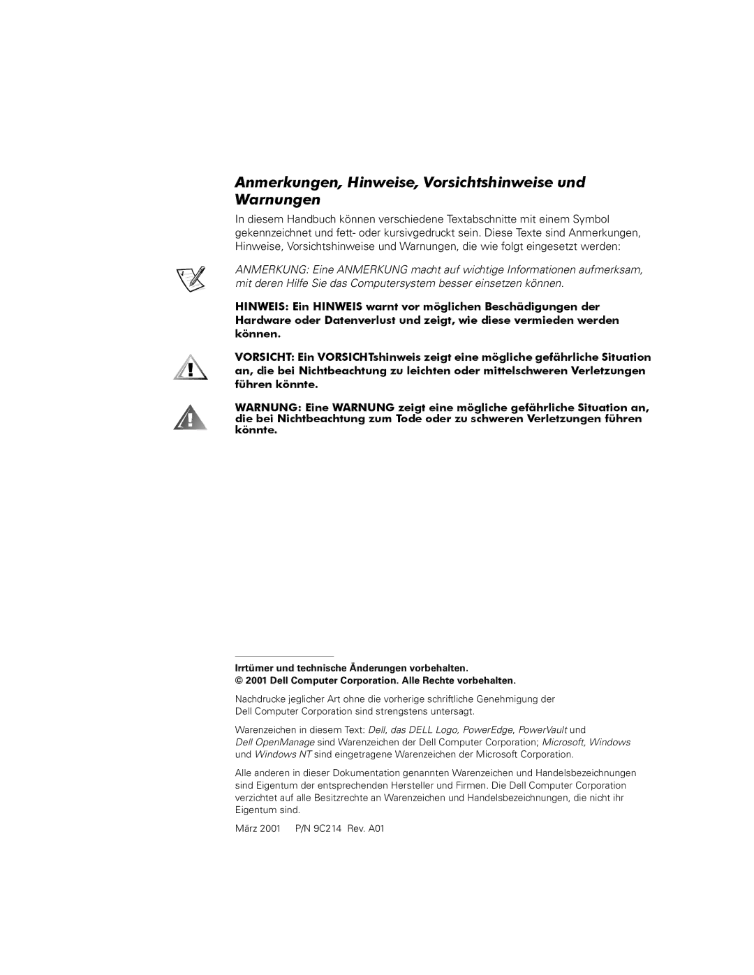 Dell SL300, SE300 manual Anmerkungen, Hinweise, Vorsichtshinweise und Warnungen 